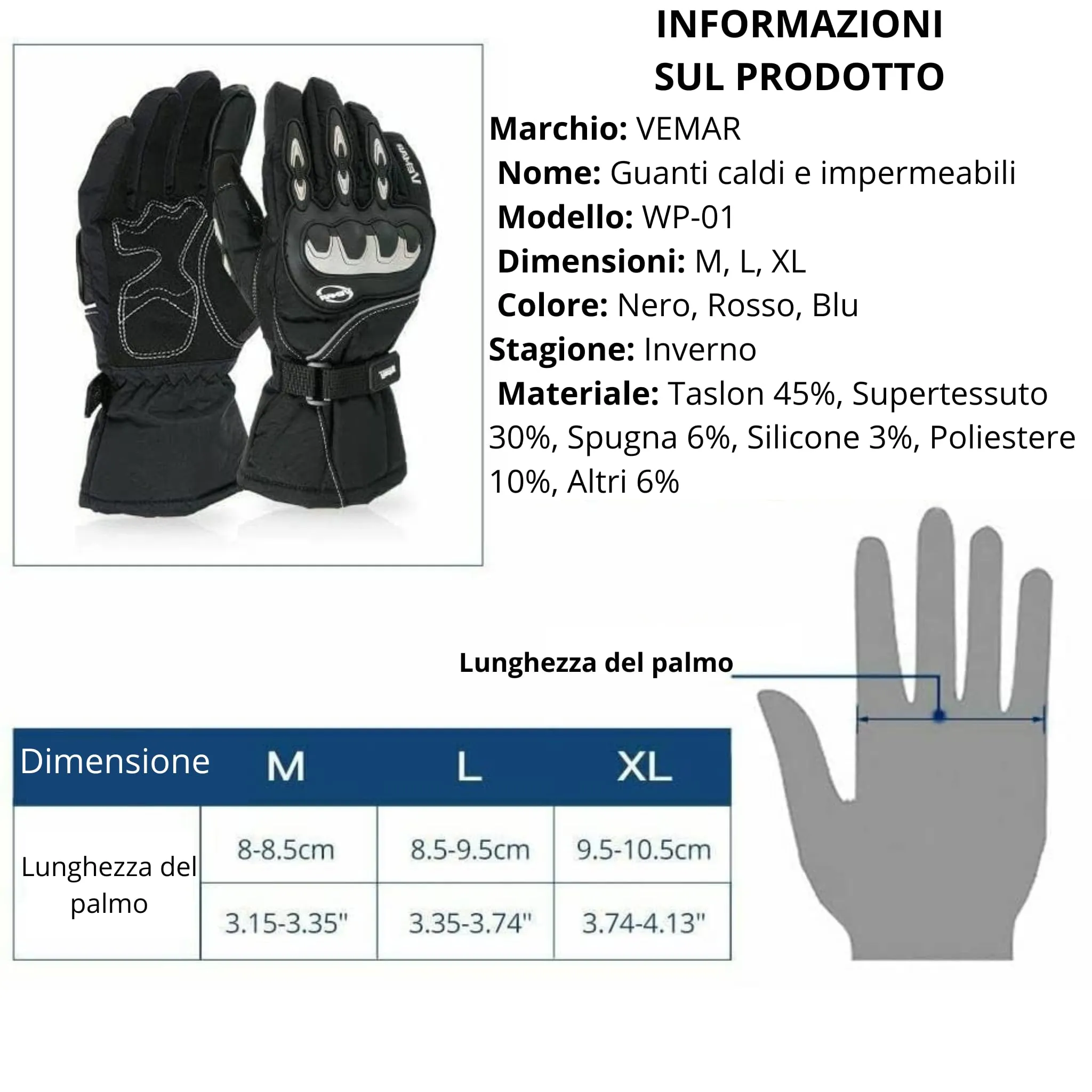 Guanti Moto Invernali, Guanti da Moto Invernali con Fodera in Pile Termico per Inverno, Impermeabili, Caldi, Antivento, Touchscreen, Guanti per Sci, Bici, Escursioni