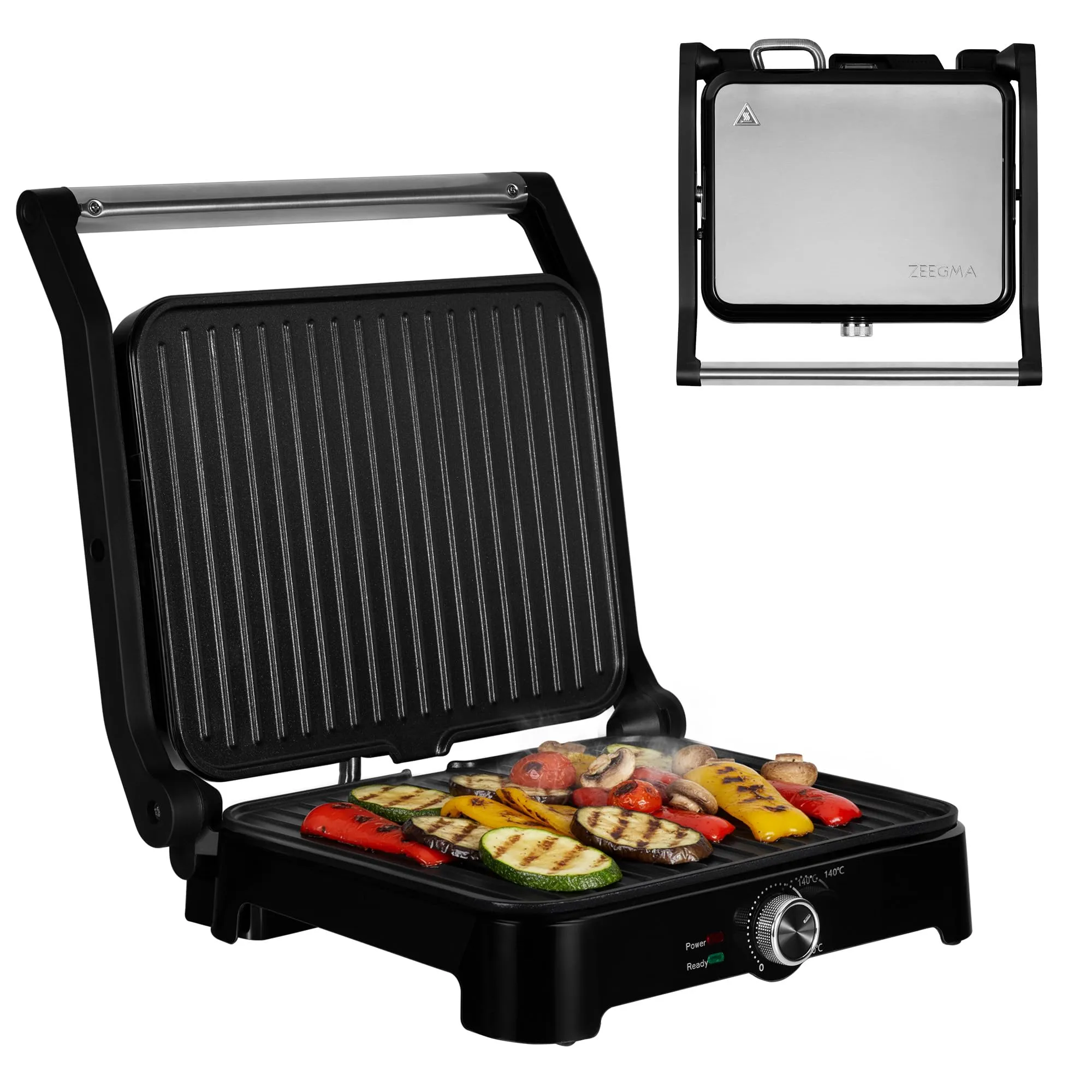 Zeegma Grill Chef Easy - Grill Elettrico 2 in 1 e Tostapane Panini, Potenza 2000W, Superficie Antiaderente in Ceramica, Regolazione Temperatura e Inclinazione, Piastre Removibili Lavabili in Lavastovi
