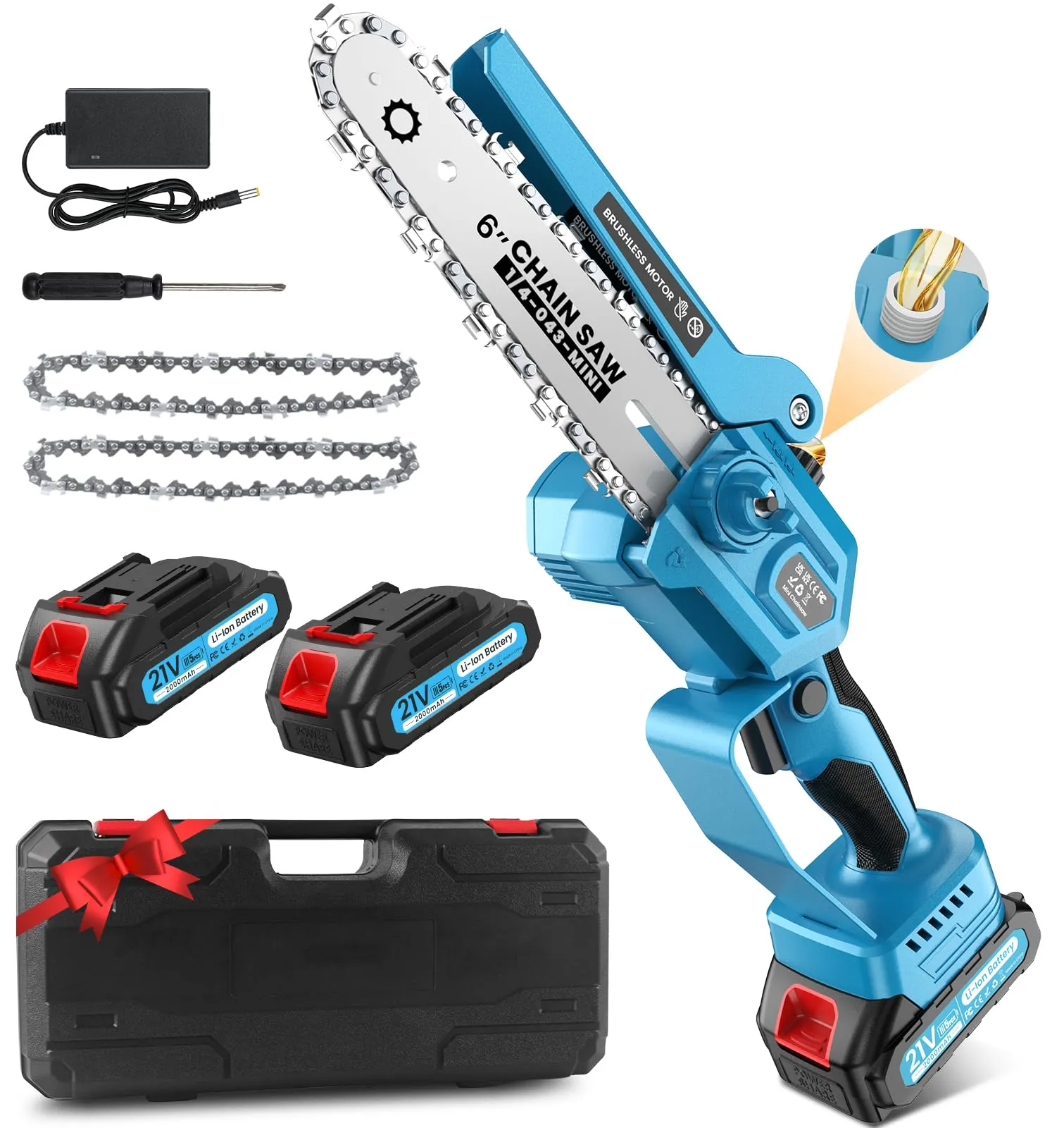 Motosega a Batteria, 4000mAh Mini Motosega 6" 2 * 2000mAh batterie, Motore Senza Spazzole da 900W 21V, Sega Elettrica a Batteria per Potatura per Tagliare Legno,Giardino Albero