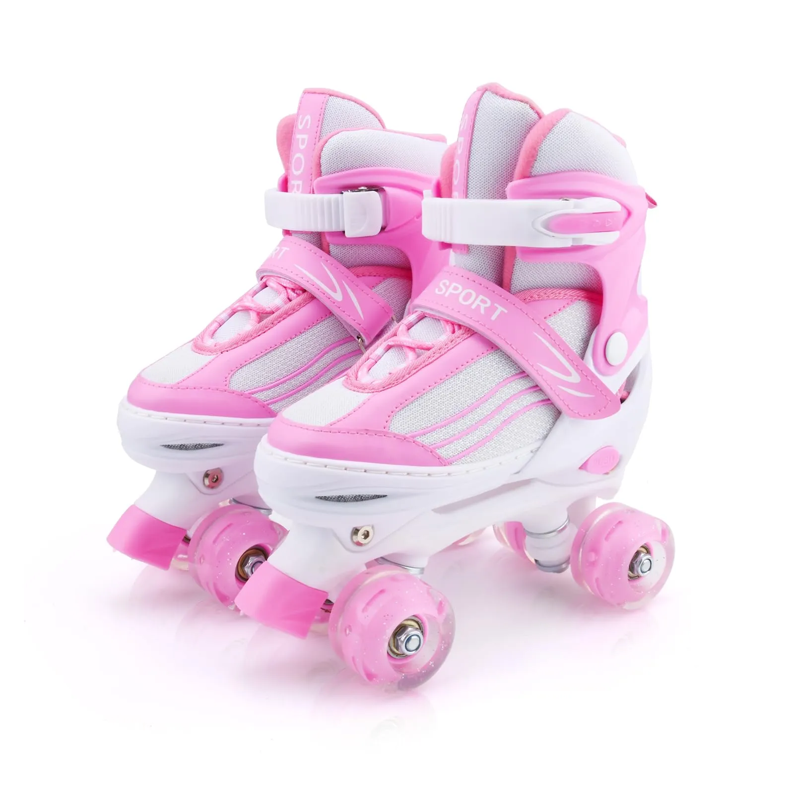 Pattini a rotelle per bambini e ragazzi, regolabili, con ruote luminose, divertenti (bianco e rosa, taglia media: UE 32 - 36)