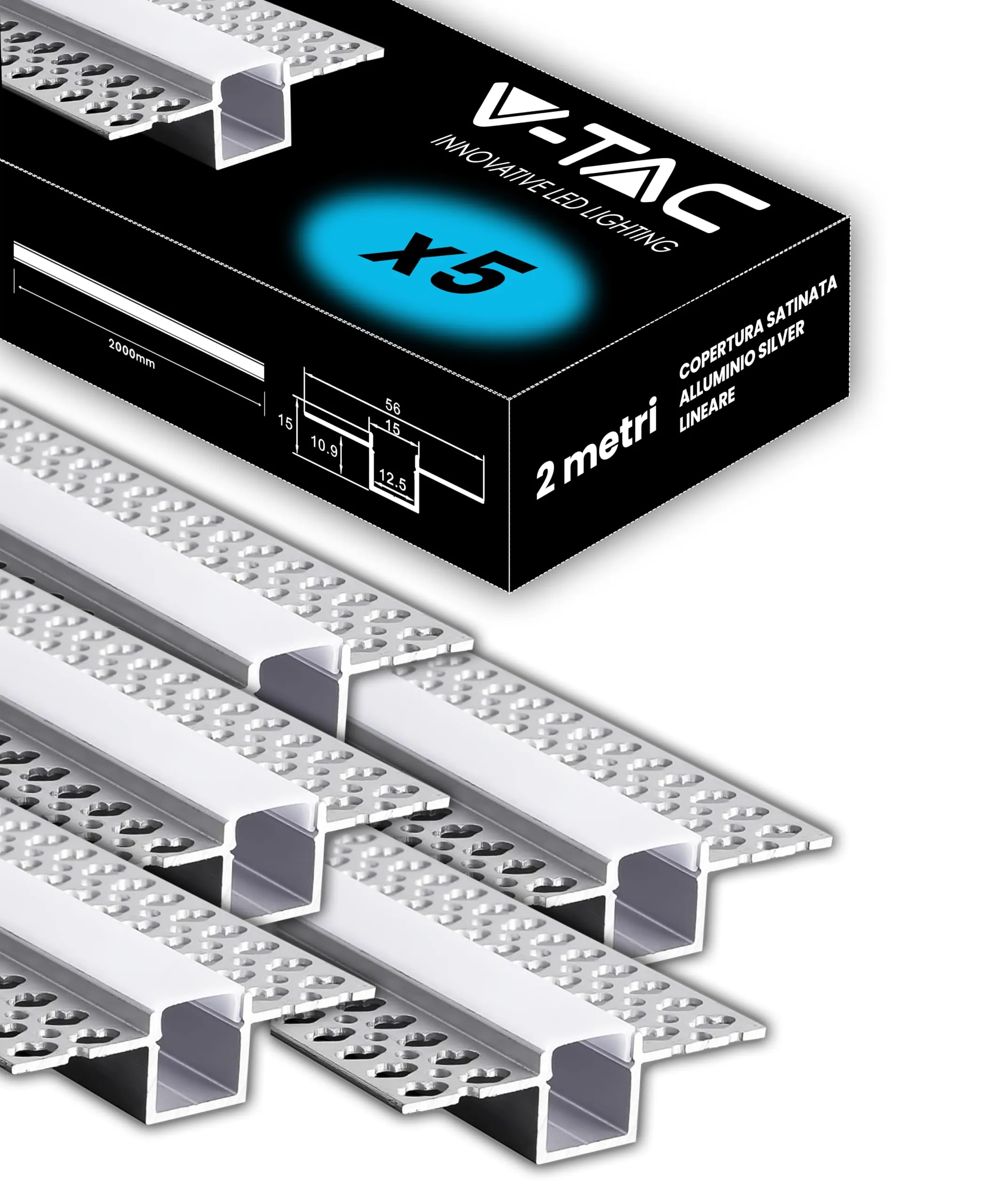 V-TAC 5x Profili per Strisce Led a Scomparsa da 2 METRI con Diffusore - (10 Metri Totali) - Profilo a Incasso da Parete e Soffitto per Striscia LED in Alluminio - Colore Argento - Misure 55 x 15 mm