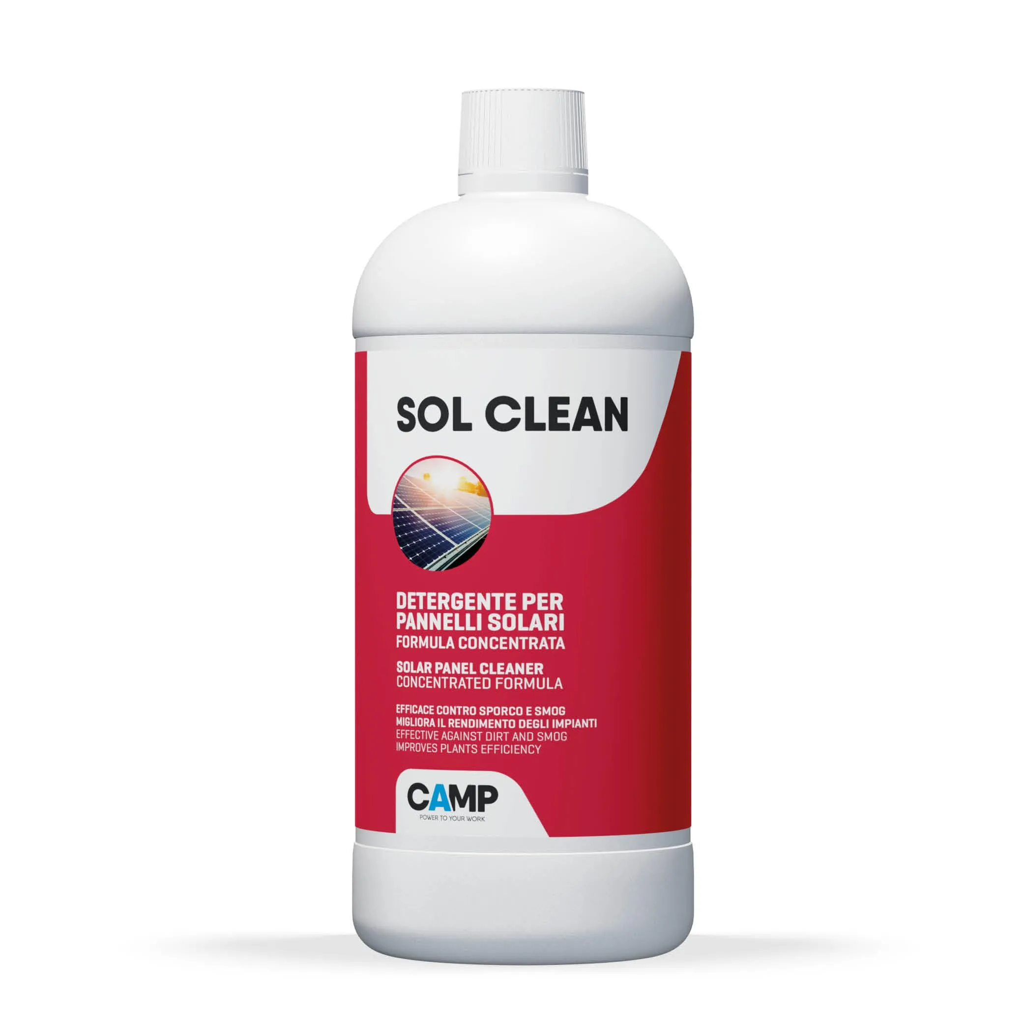 CAMP Sol Clean Concentrato - Detergente per Pannelli Solari, Pulizia Pannelli Fotovoltaici ad Asciugatura Rapida - Rimuove Sporco, Polveri, Smog e Calcare e Migliora il Rendimento Energetico, 1 l