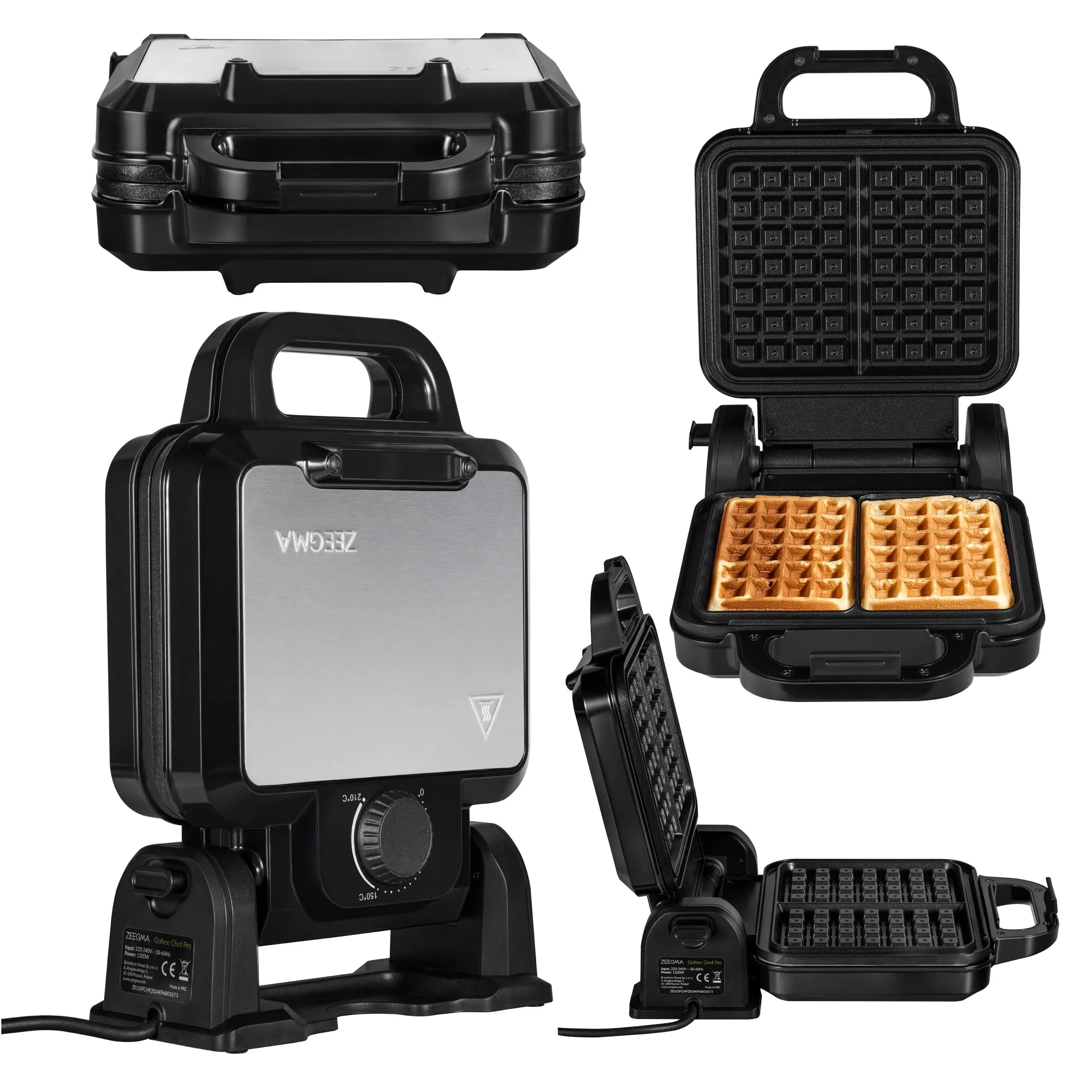 ZEEGMA GOFREE CHEF PRO Waffle Piastra Alta Potenza 1200 Watt per Waffle Belgi, Doppia, Verticale, Rivestimento antiaderente, Temperatura regolabile, Spia ready for use, Waffle spessi