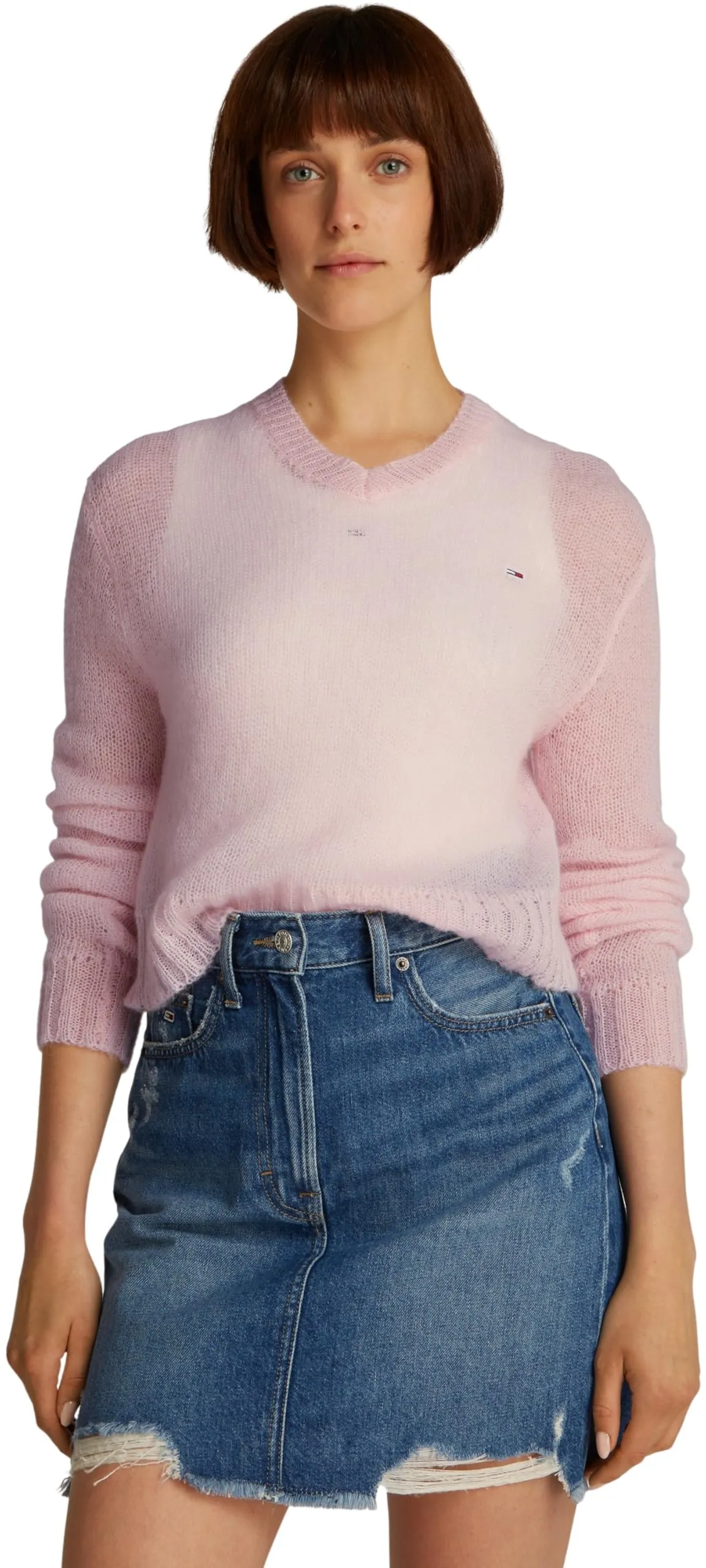 Tommy Jeans Donna Pullover Open Knit con Scollo a V, Rosa (Precious Pink), M