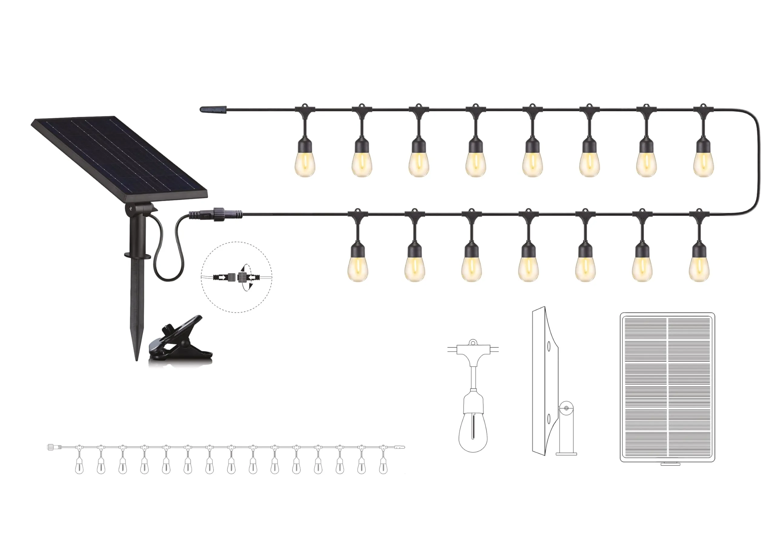 Majestic ELODIE 15 – Catena luminosa con 15 bulbi LED sostituibili, doppia alimentazione: pannello solare/alimentatore, Adatta per interni ed esterni IP55, Luminosità 280 lumen