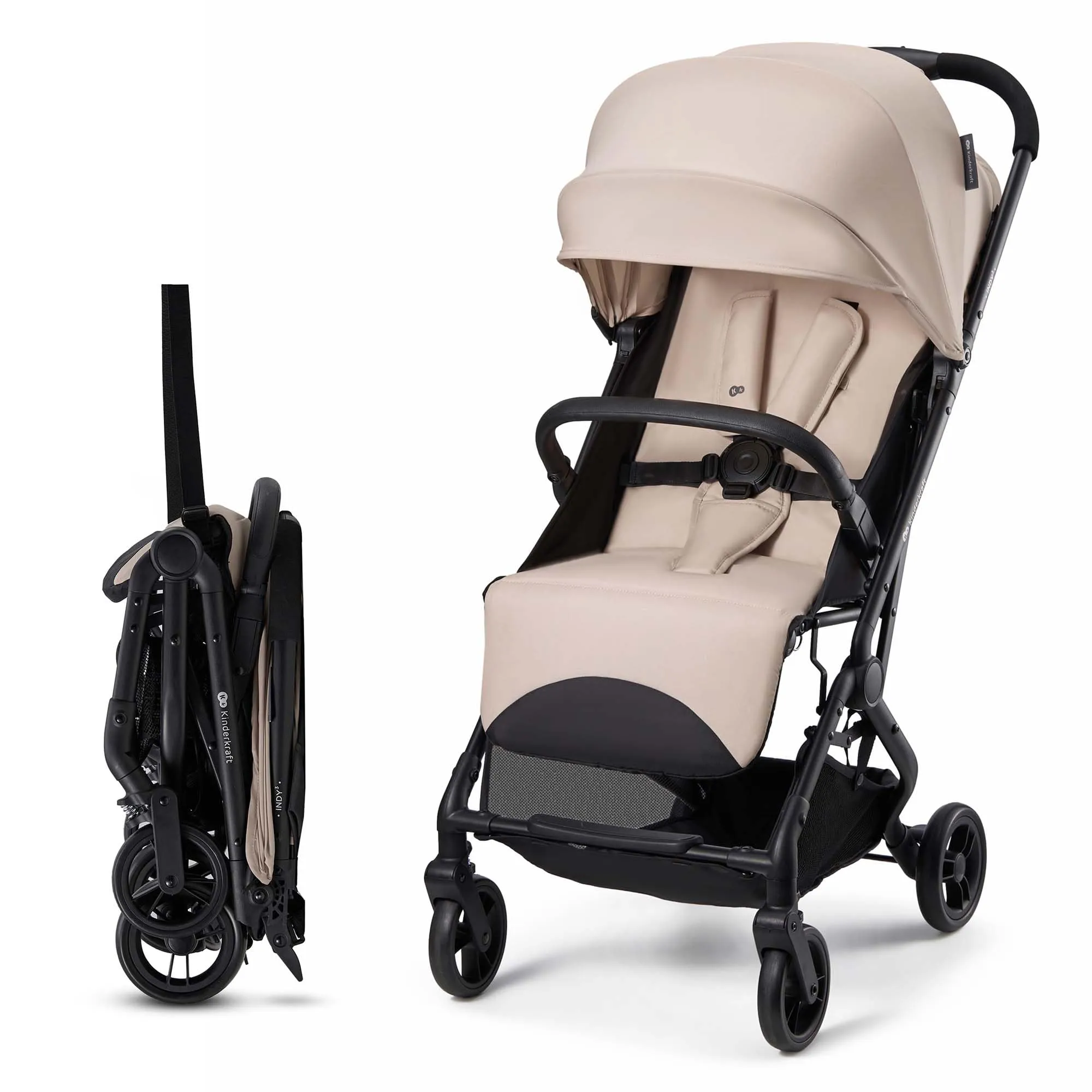 Kinderkraft INDY 3 Passeggino Leggero e Compatto, Chiusura con una Mano, Ultraleggero 7,3 kg, Reclinabile, Cinghia per Trasporto, Ruote Resistenti, Ideale per Viaggi e Città, Beige