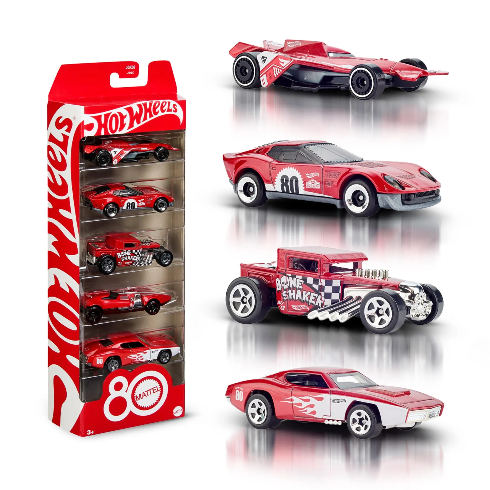 Hot Wheels - Set 5 Veicoli Core Mattel per l'80° Anniversario, macchinine in Scala 1:64 con Decorazioni e Confezione da Collezione, Giocattolo per Bambini, 3+ Anni, JGK08