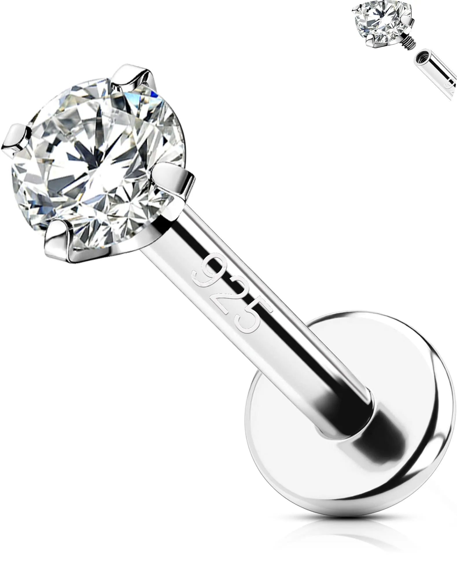 OUFER 16G Agrento 925 Piercing Orecchio Helix Internally Threaded Piercing Conch Agrento Piercing Oreille Cartilage Clear CZ Piercing Trago Lip Piercing 6 mm/8 mm/10 mm