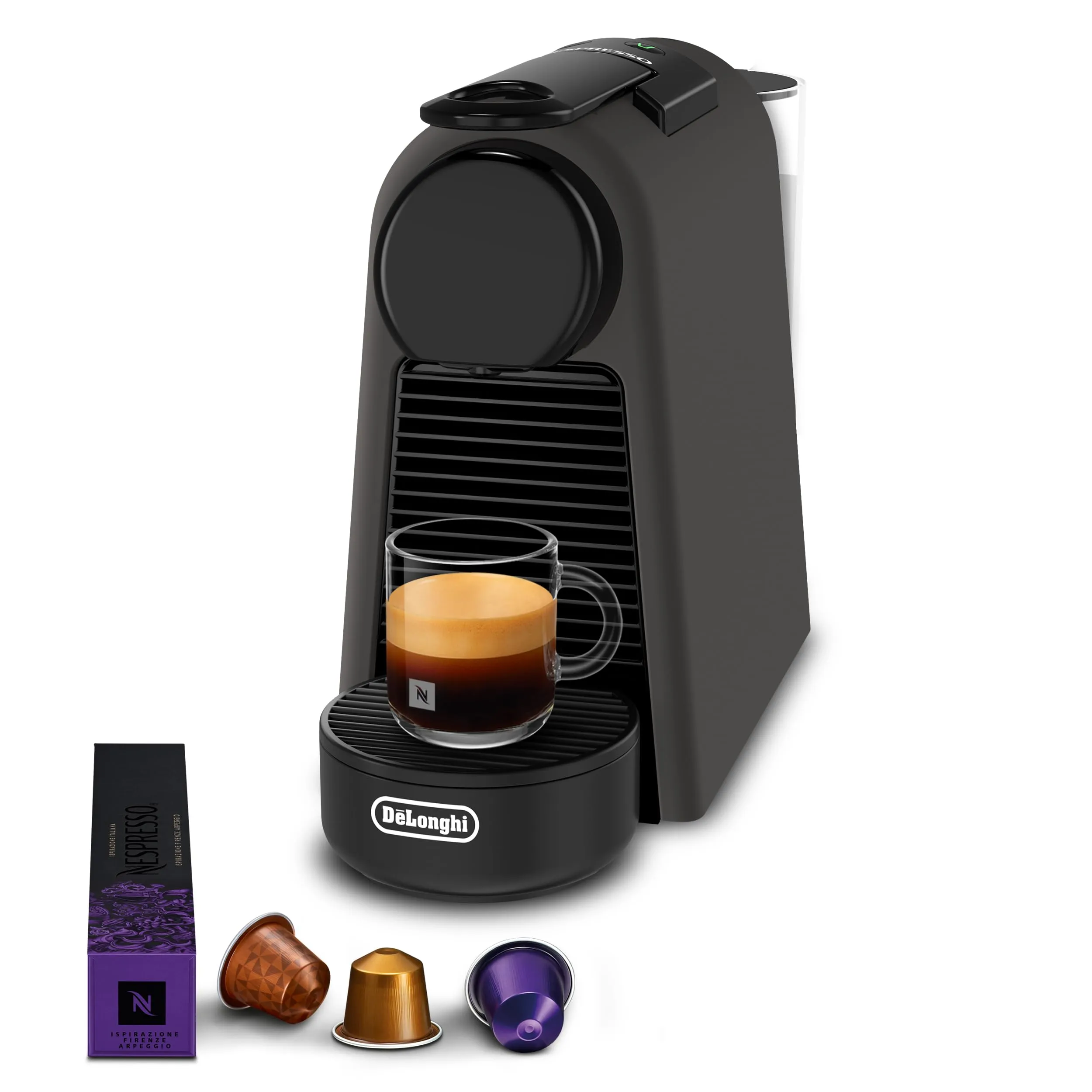 Nespresso De'Longhi Essenza Mini EN85.BKMT, Macchina da Caffè con sistema a capsule, Sola Tazza, Set di Benvenuto Incluso, Design Compatto, Pressione 19 Bar, 1150W, Nero Opaco