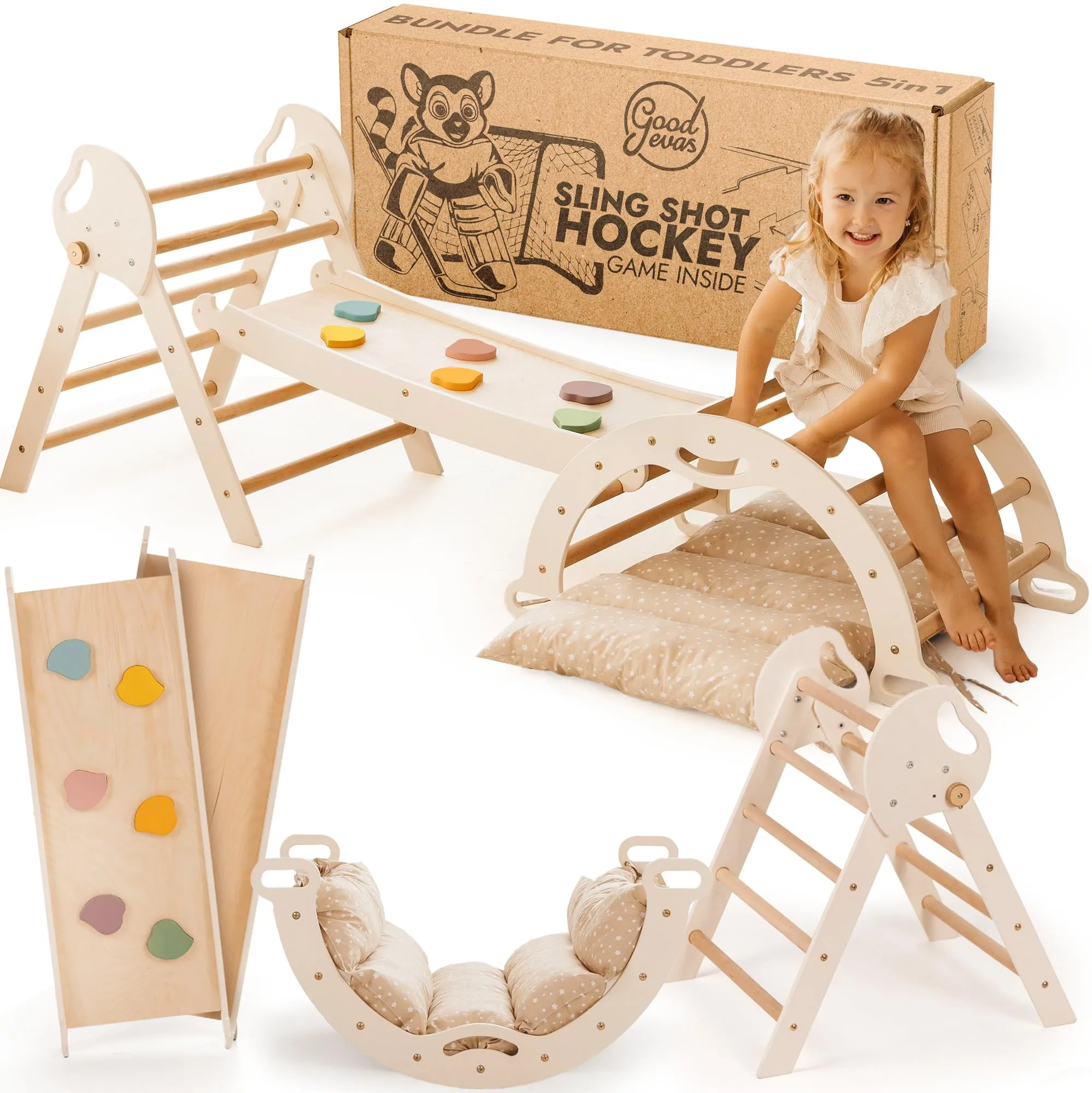 Goodevas 5-in-1 Telaio da Arrampicata per Bambini - Scala a Triangolo, Arco per Arrampicata, Balance Board e Cuscino, Telaio da Arrampicata Montessori, Palestra in Legno per Bambini da 1 a 3 Anni