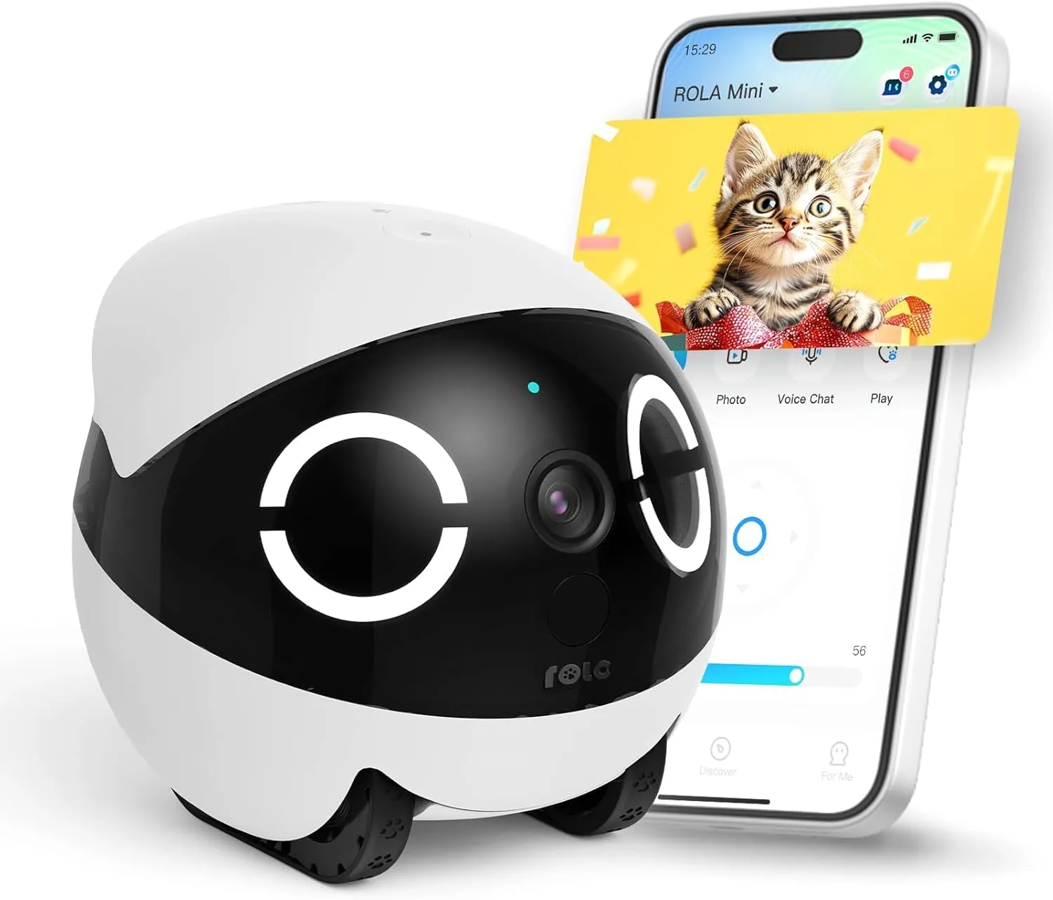 ROLAMini - Telecamera per animali domestici, batteria a lunga durata 2K, telecomando, chiamate audio bidirezionali, rilevamento del movimento, riprese video automatiche, fotocamera semovente, mobile