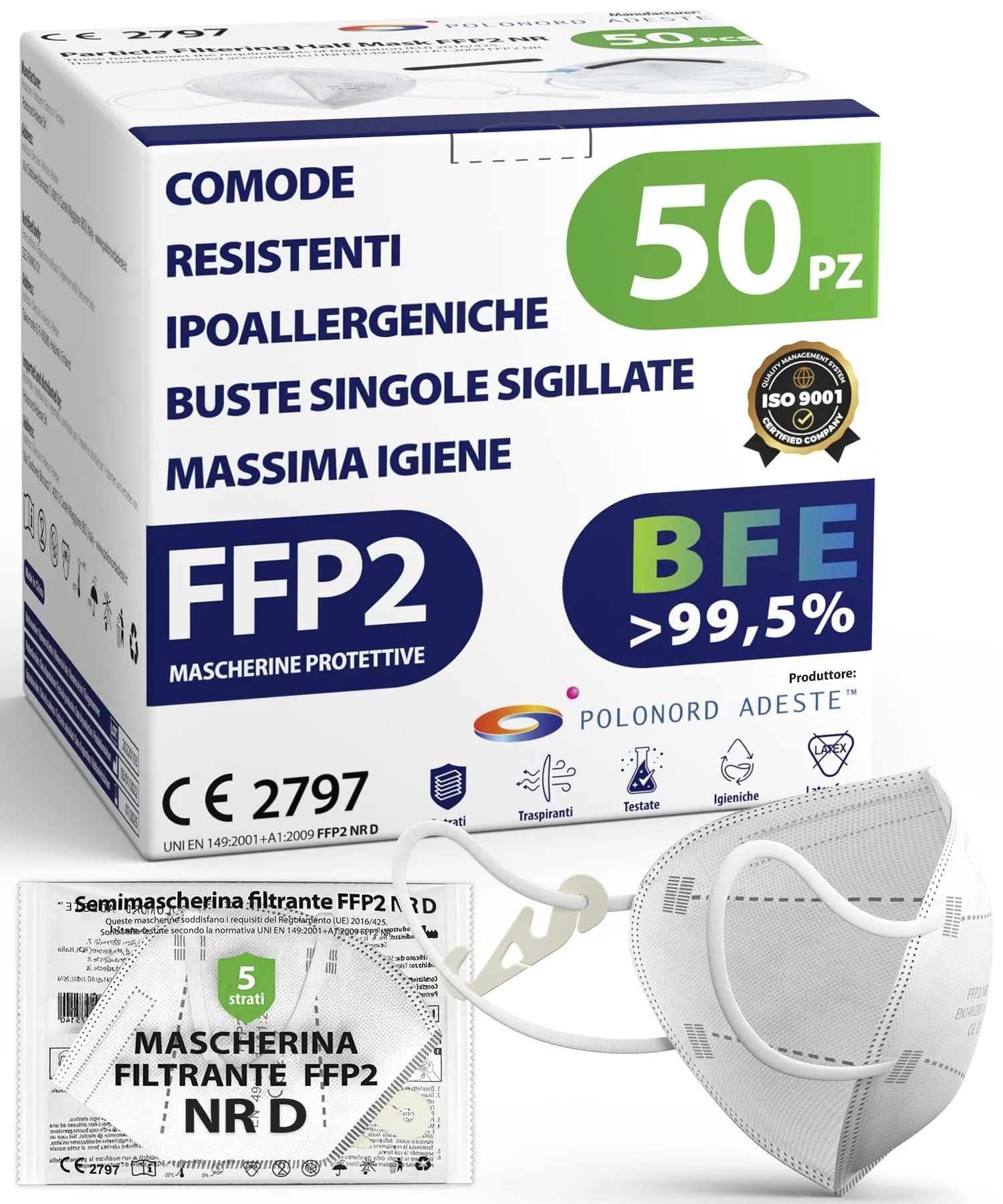 ADESTE - 50 Mascherine FFP2 Bianche Certificate CE, Filiera controllata, anallergiche, con elastici comodi e resistenti. Sicura: capacità filtrante >99,5%, Buste singole sigillate