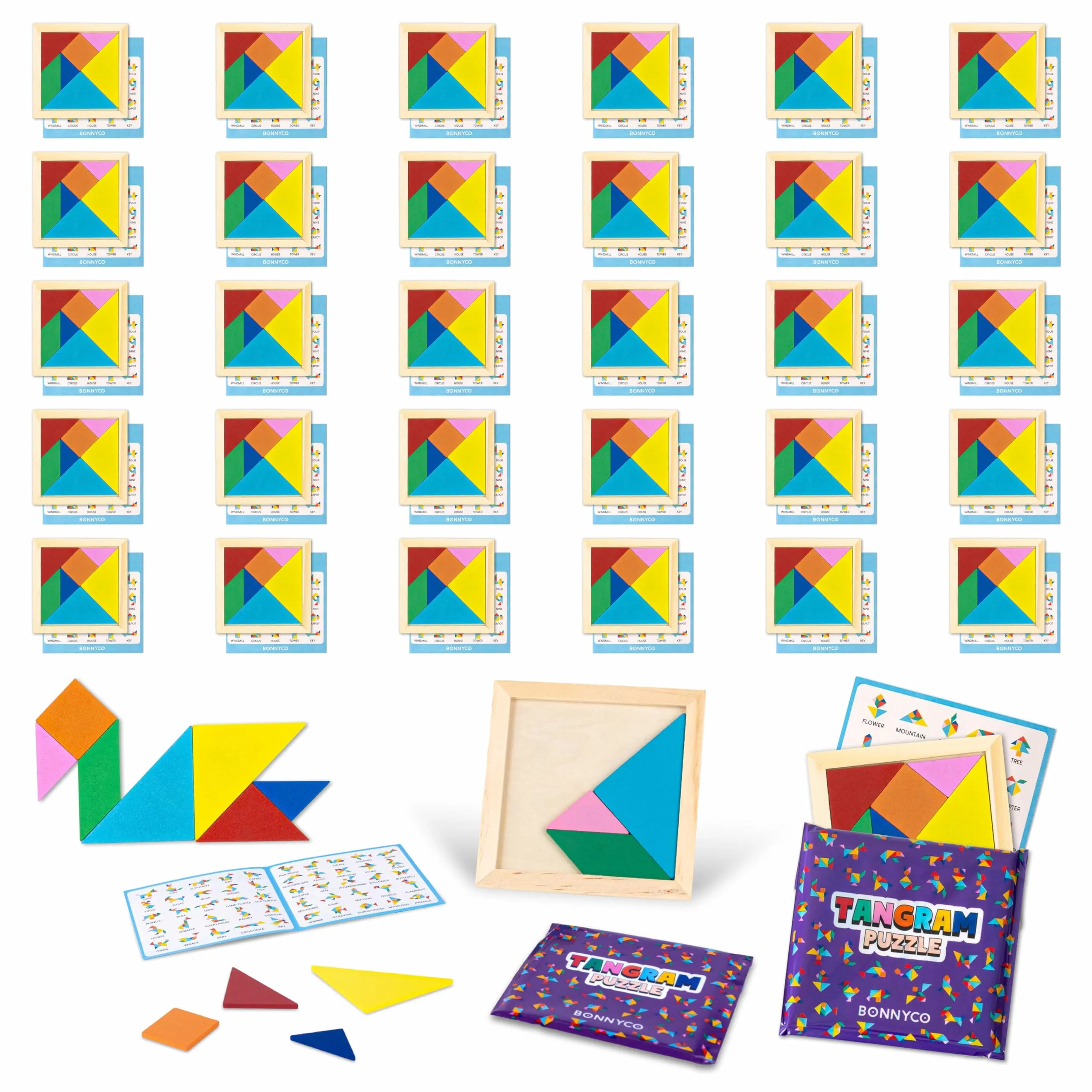Tangram Legno Bambini Pack 30 Gadget Compleanno Bambini - BONNYCO | Mini Giochi Regalini Fine Festa Compleanno, Regalino Fine Festa Invitati, Persierini Giochini per Feste | Mini Puzzle Gadget Scuola