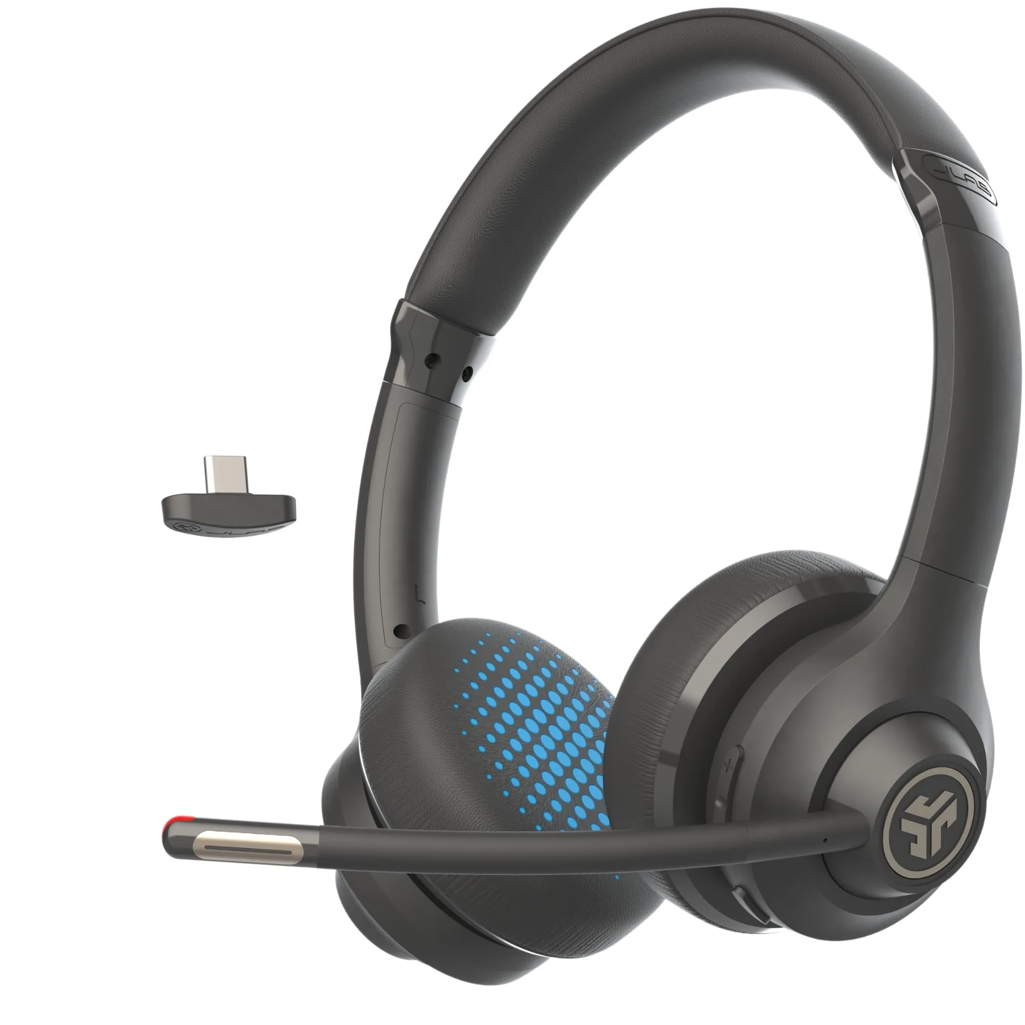 JLab Go Work - Cuffie wireless di seconda generazione con microfono – 55+ Playtime Bluetooth o USB-C Dongle per PC, connessione multipunto a computer e cellulare, cuffie on-ear cablate o wireless per