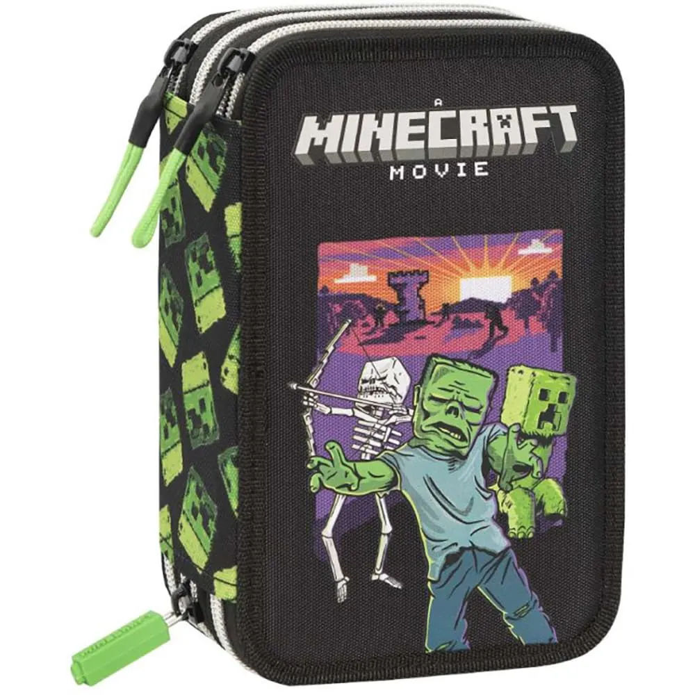 MINECRAFT Astuccio Scuola 3 Zip con Corredo, 20 x 13 x 7 cm, Set Completo 48 Pezzi, Nero/Verde