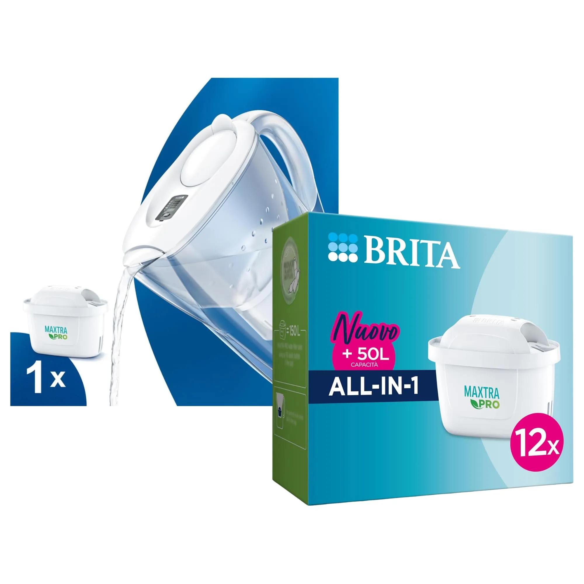 Caraffa Filtrante MARELLA per acqua, Bianco (2.4l) - incl. 1 Filtro MAXTRA PRO per la riduzione di cloro, calcare e impurità + Filtro per acqua MAXTRA PRO All-in-1 Confezione Da 12 Filtri