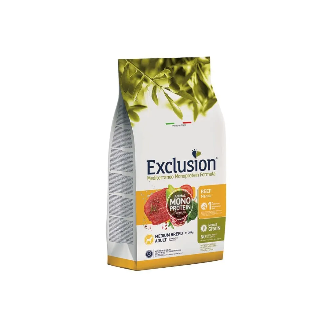 Exclusion Monoprotein Medium Adult Manzo 12kg, alimento completo per cani adulti di taglia media.