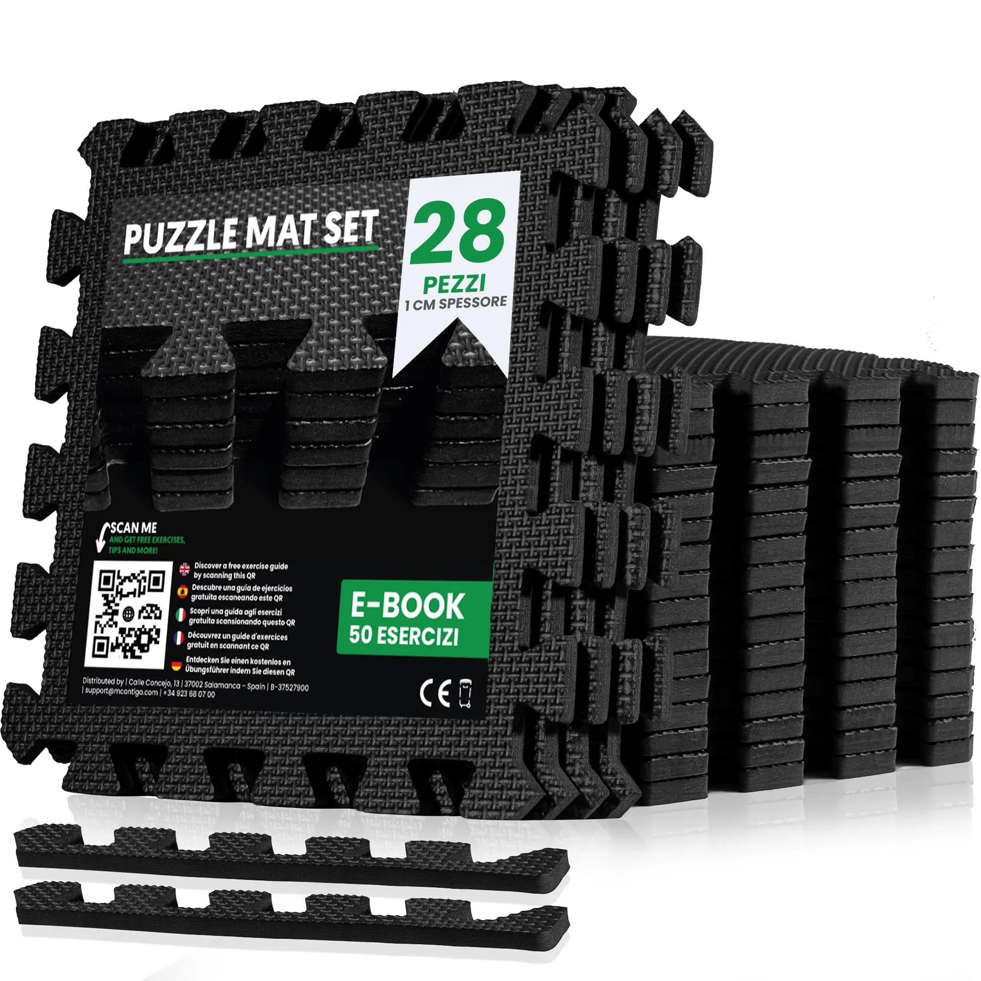 unycos - Tappeto da Fitness a Puzzle【28 Tappetini】Tatami Antiscivolo, Pavimento Protettivo Incastro Palestra in Schiuma EVA, Materassino per Home Gym | Include E-Book, 30x30x1 cm (Nero)