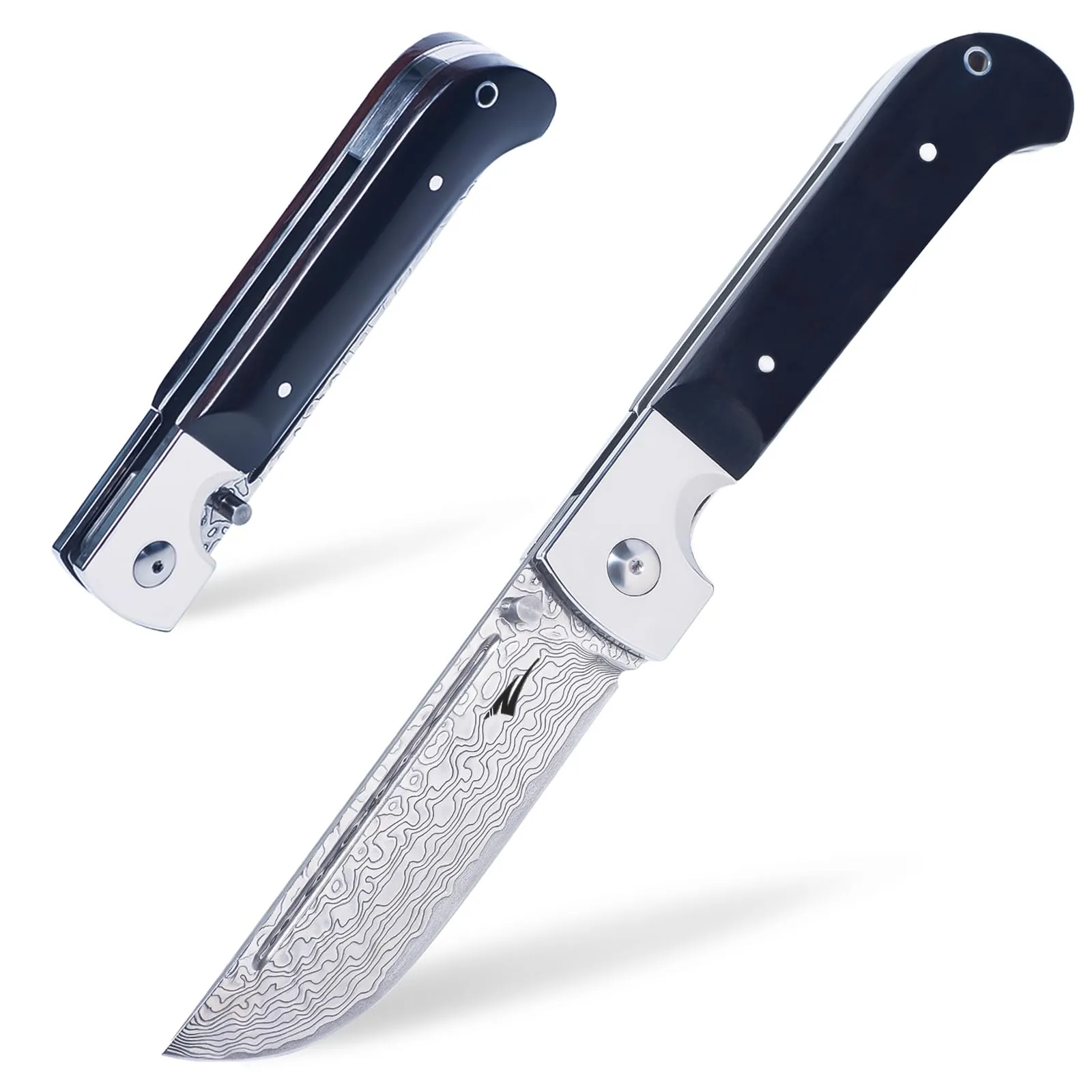 Zetterrank XXL Coltello Pieghevole, Coltello da Caccia in Acciaio VG10, Coltello Damasco Affilato e Dure, Maniglia Lunga Ergonomica in Legno