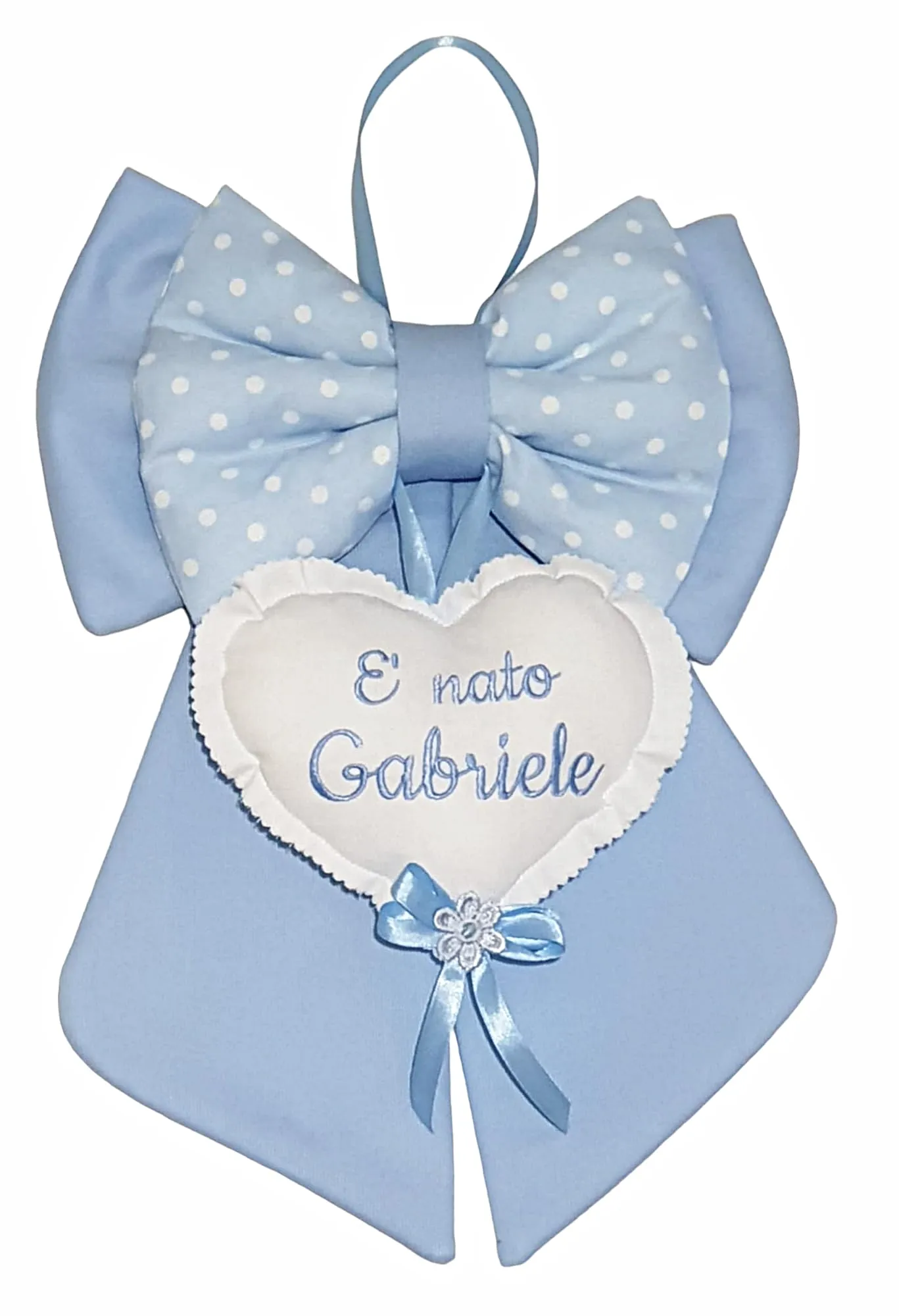 ZAIRISE - Fiocco Nascita Bimbo/Bimba con nome personalizzato sul cuore, rosa e azzurro. (Azzurro-Pois-Azzurro)