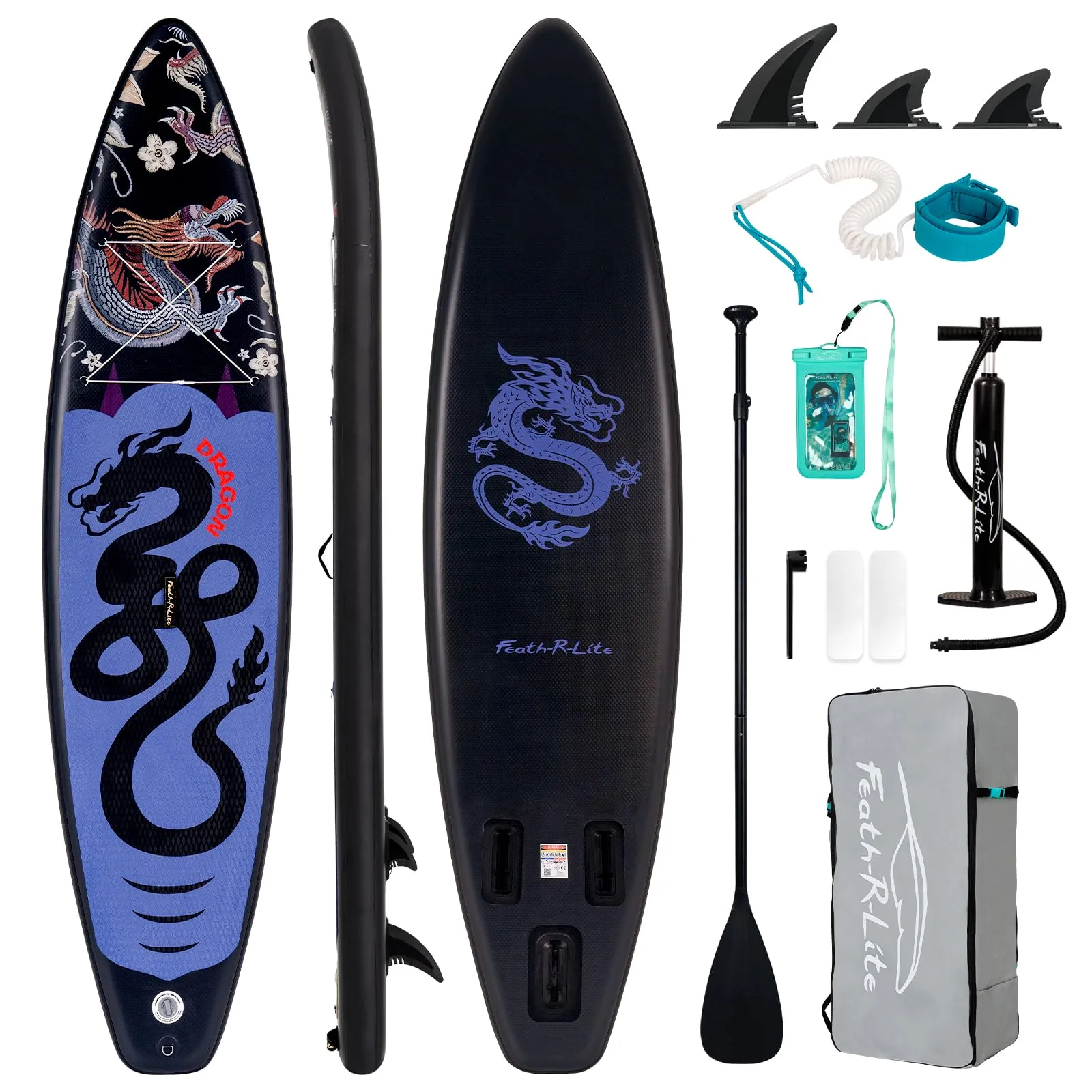FEATH-R-LITE Tavola da SUP gonfiabile,resistente adatta per tutti i livelli di abilità, kit completo di pagaia regolabile,pompa,zaino da viaggio,cordino,borsa impermeabile