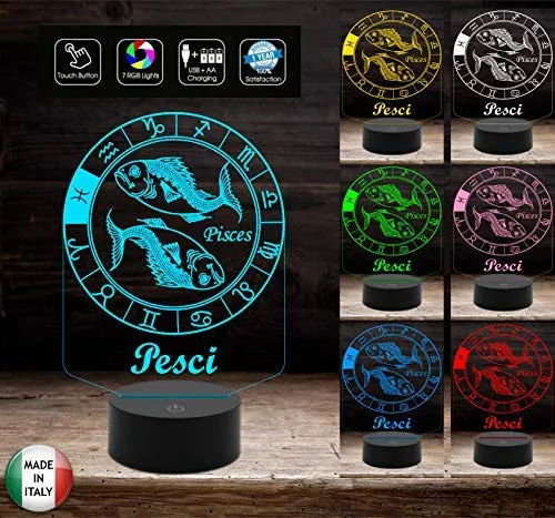 Lampada led segno zodiacale PESCI Idea REGALO compleanno Natale 7 colori selezionabili con touch Luce da camera o scrivania