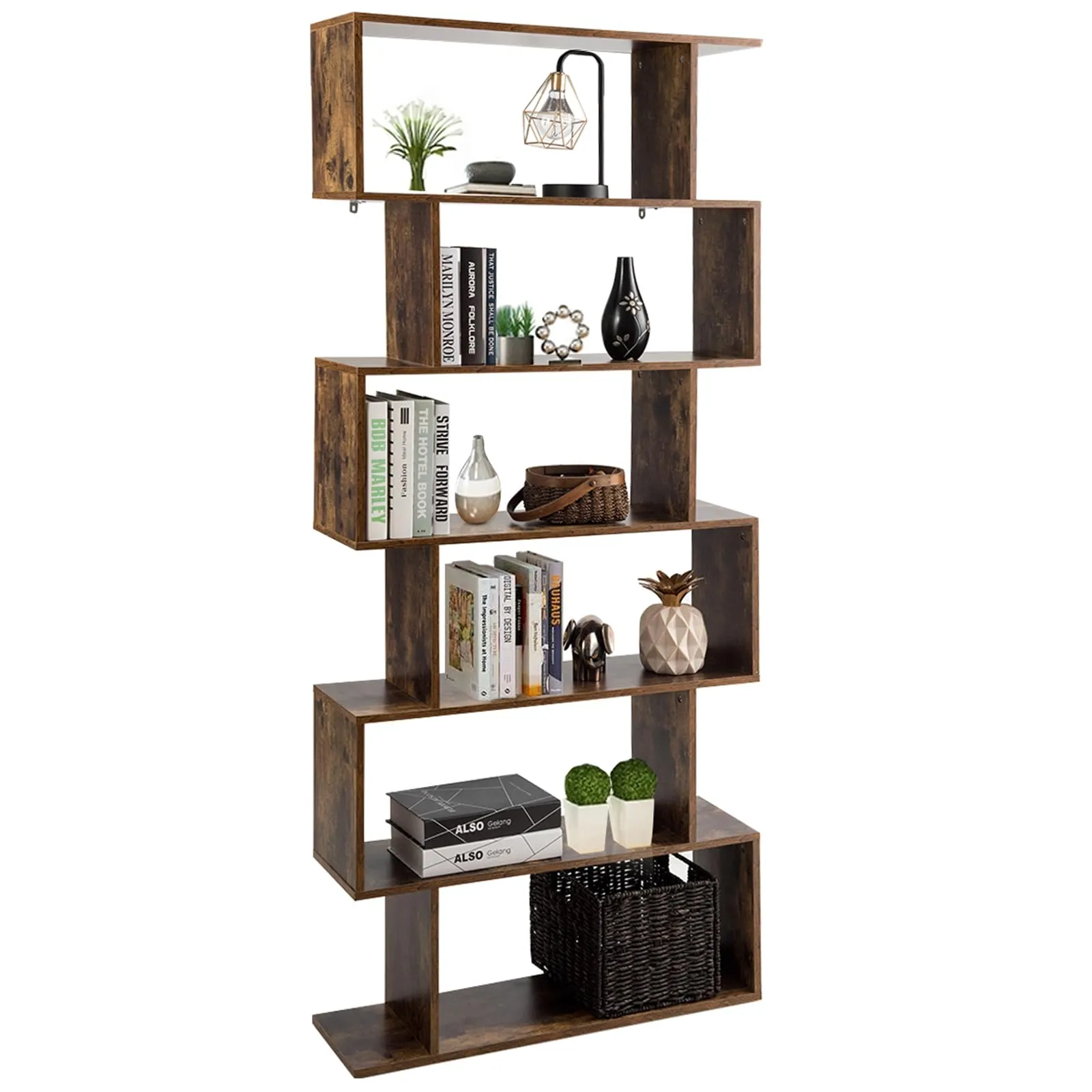 COSTWAY Libreria in Legno Scaffale Multifunzionale a 6 Ripiani per Piante e Libri per Ufficio Casa Ripiano a Forma di S, 80 x 23 x 192 cm (Caffè)