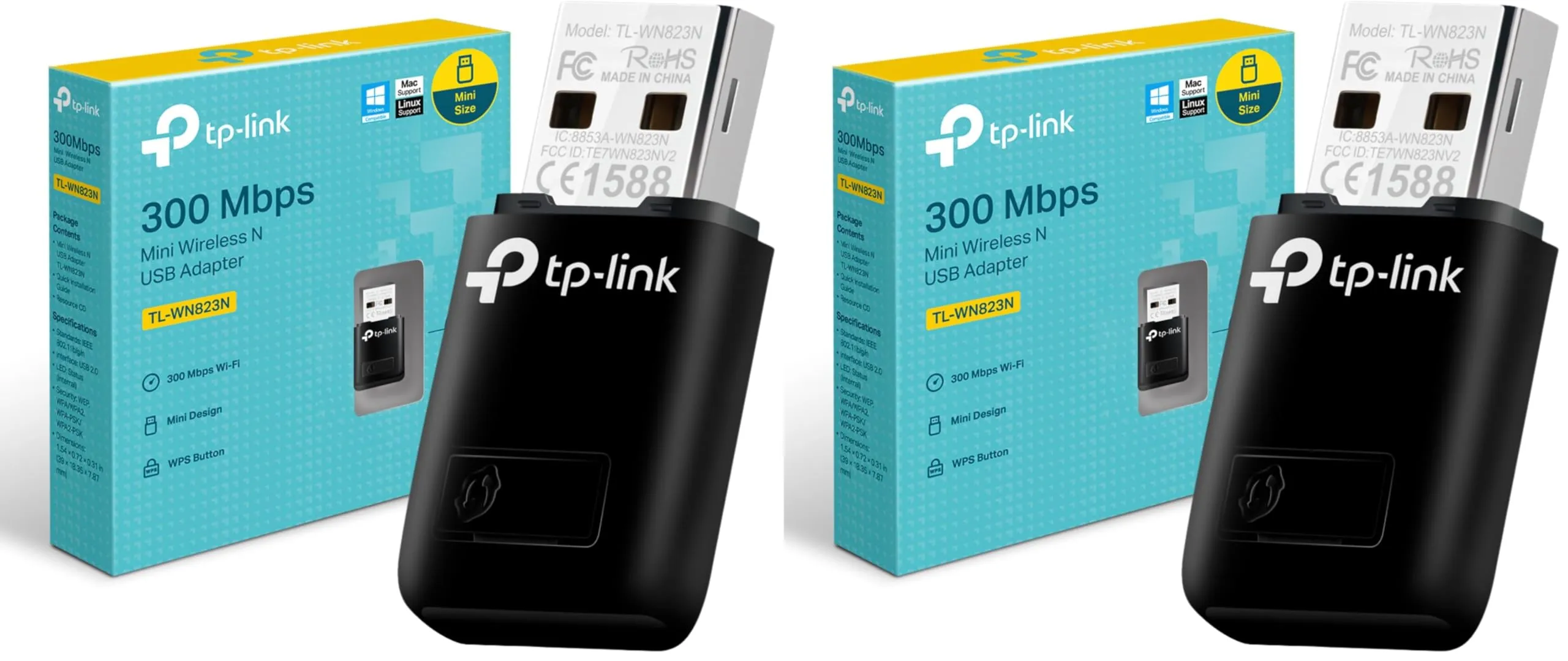 TP-Link TL-WN823N Adattatore USB Scheda di Rete, Wireless 300Mbps, 2.4Ghz, Porta USB 2.0, WPS, Windows 11/10/8.1/8/7/XP, Mac OS 10.15 e precedenti, Linux (Confezione da 2)