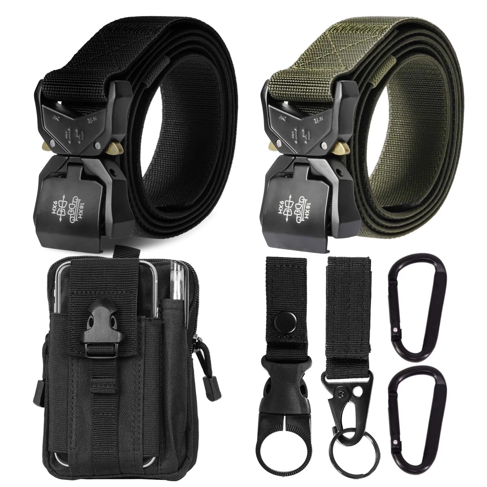 2 x Cinturone Tattico Militare Uomo, Lunghezza 120cm Cintura Tattica Larghezza 3.8 cm, Nylon Cintura da Lavoro Uomo, Fibbia in Metallo a Sgancio Rapido, Regalo con Sacchetto Molle Tattico e Gancio