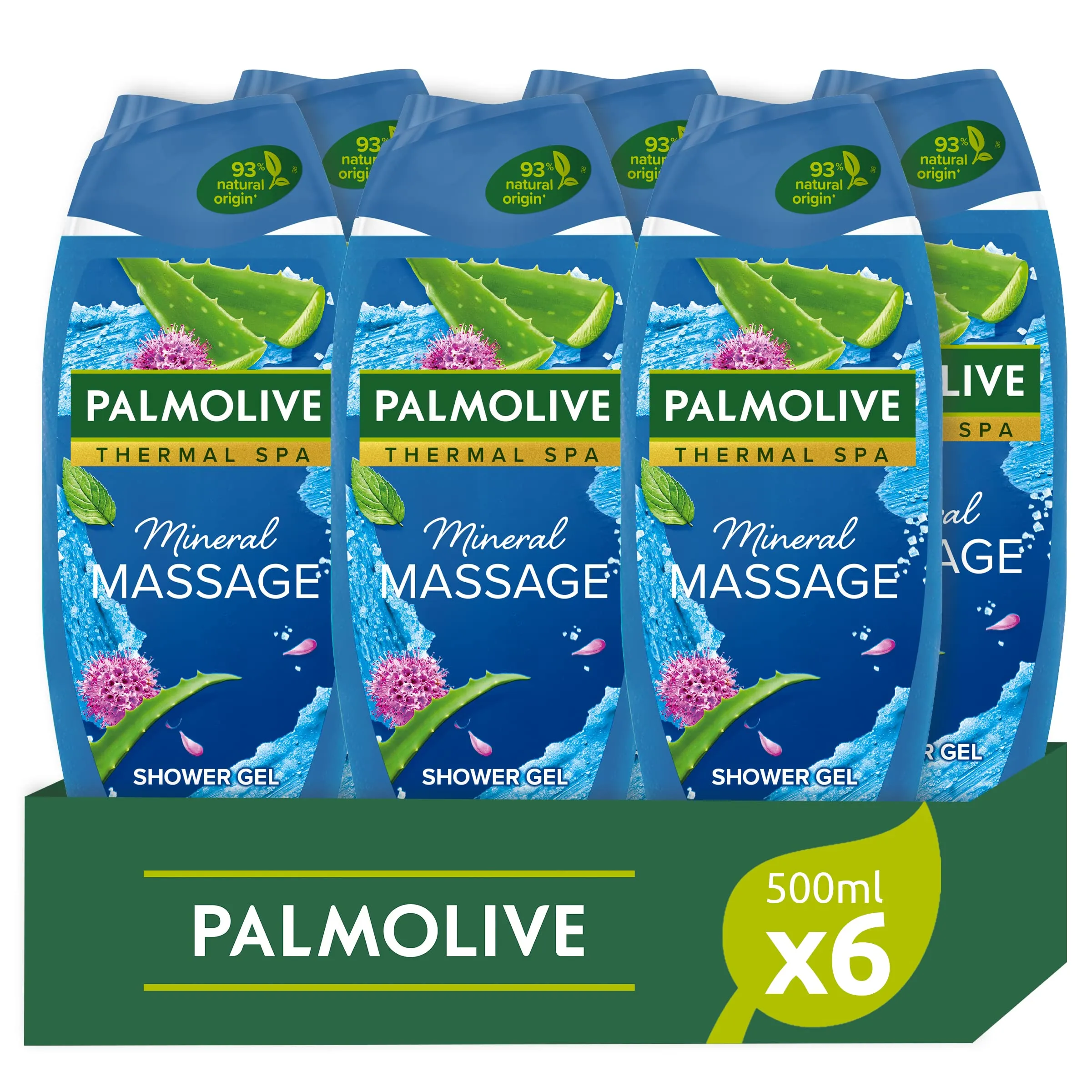 Palmolive Bagnoschiuma Thermal Spa Mineral Massage 500ml x 6 | Gel Doccia con Sale Marino e Aloe | Docciaschiuma con Ingredienti di origine naturale al 93%* | plastica riciclata al 30%