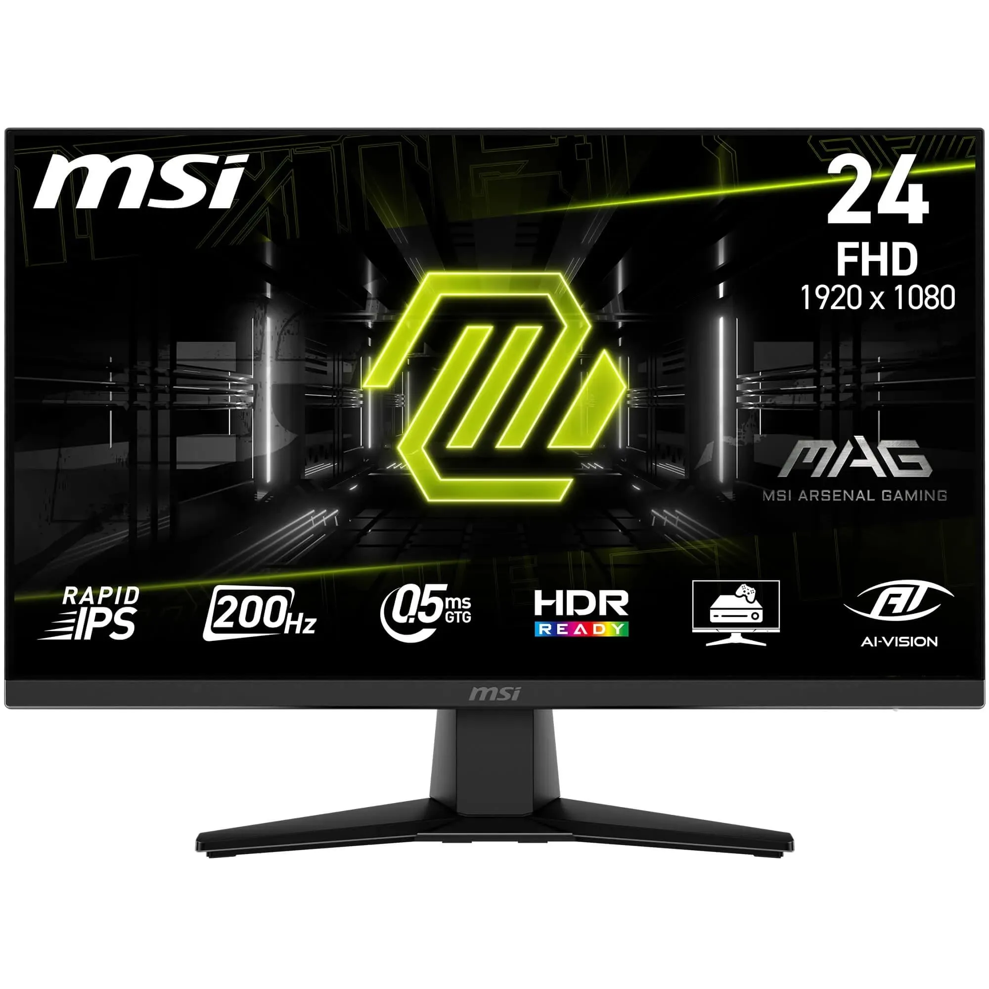 MSI MAG 242F Monitor Gaming da 24" - FHD (1920x1080), Rapid IPS, 200Hz, 0.5ms, HDR Ready, AMD FreeSync Premium, Eye Care, HDMI 2.0b, DP 1.2a, Senza Cornice, Inclinabile, Montaggio VESA - Nero