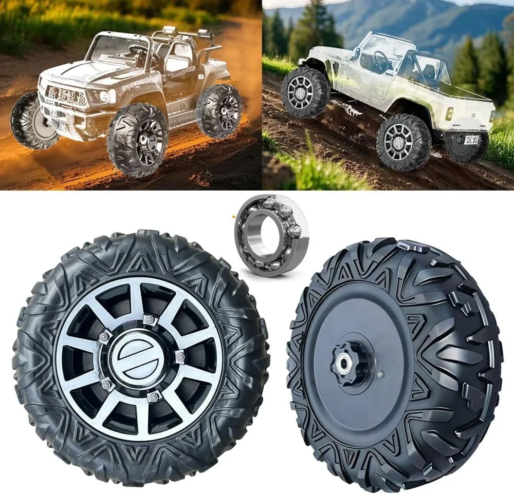 Kit 4 Ruote in Gomma PU Universali per Auto Elettriche per Bambini – Con Adattatore a 6 Punte, Cuscinetto Integrato, Silenziose e Antiscivolo, Compatibili 12V e 24V