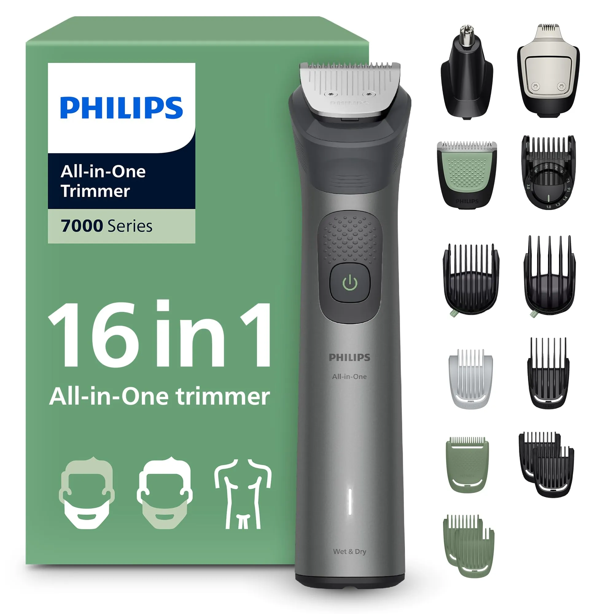 Philips Rifinitore All-in-one Multigroom Serie 7000 16 in 1 - Rifinitore per barba, capelli e corpo, lame autoaffilanti interamente in metallo, 21 impostazioni di lunghezza (0,5-16 mm), MG7931/15