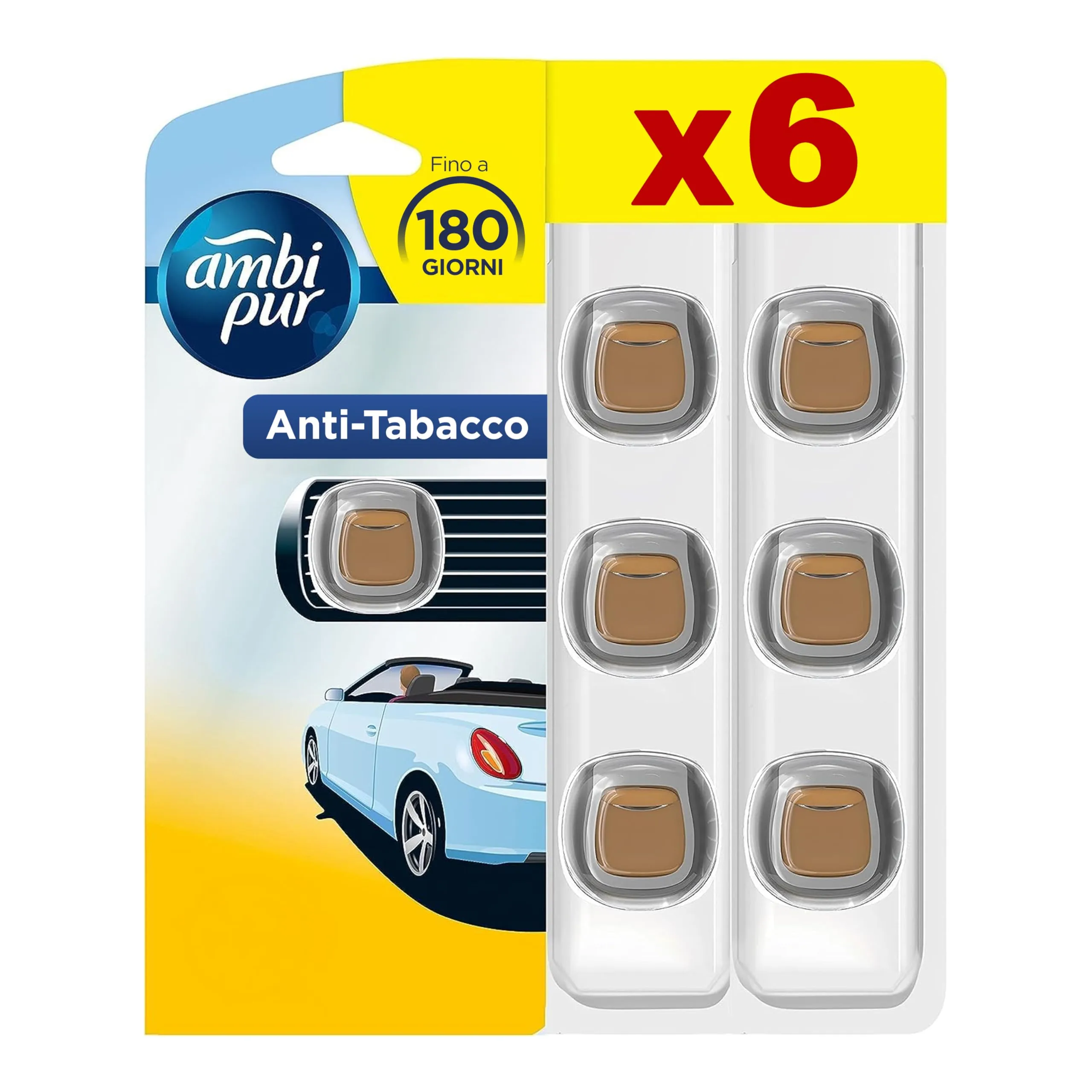 Ambi Pur Profumatore Auto, 6 Deodoranti Auto, Fragranza Anti -Tabacco, Elimina Odori, Facile da Agganciare, Fino a 30 Giorni di Profumo per Deodorante, Usa e Getta