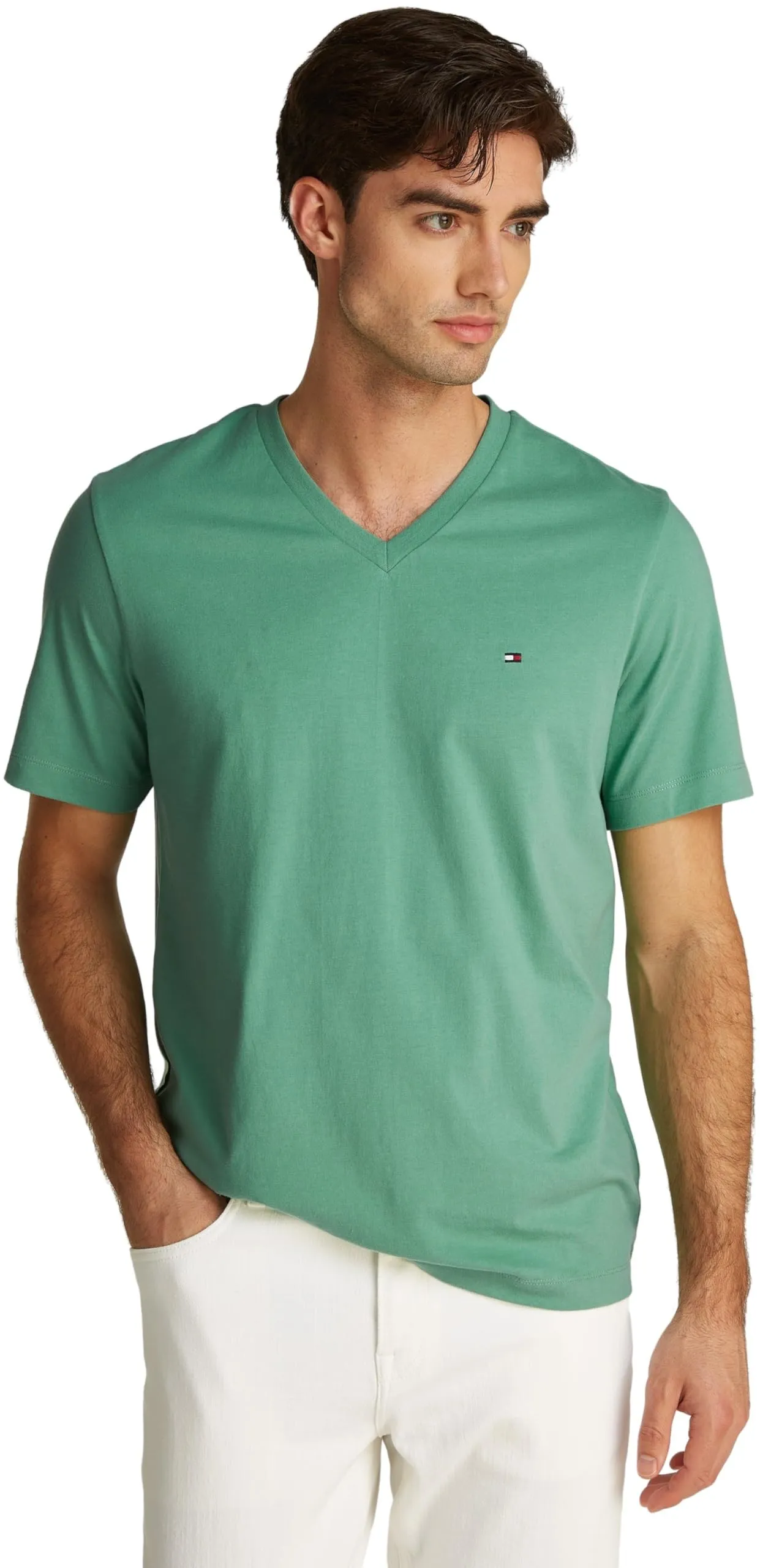 Tommy Hilfiger Uomo T-shirt Maniche Corte Essential Tee con Scollo a V, Verde (Fort Green), L