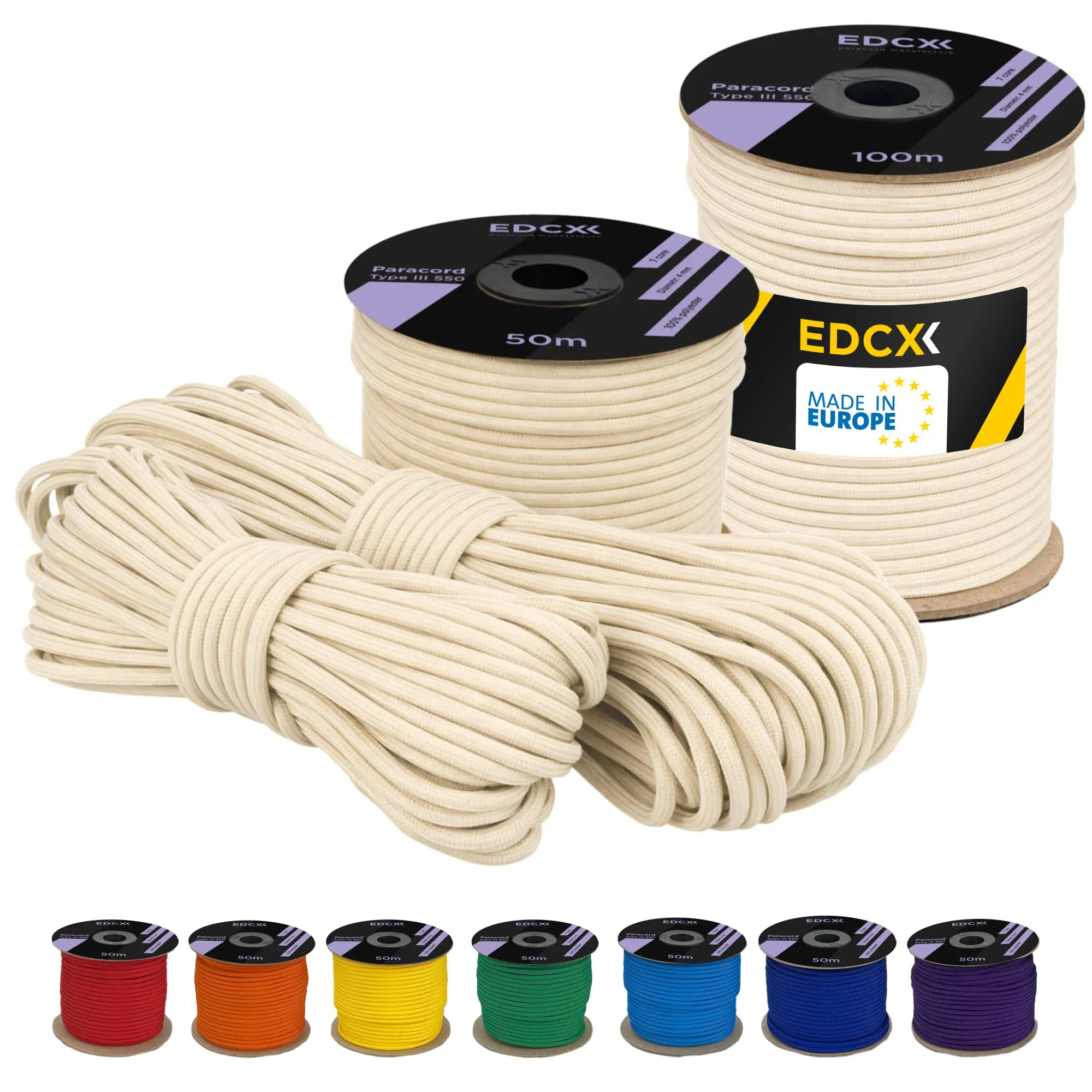 EDCX poliestere Paracord 550 (15, 30 e 50 m) – 4 mm Tipo III, cavo per paracadute resistente allo strappo per la sopravvivenza in 100% poliestere con 7 fili | Colori a tinta unita (White, 15 m)