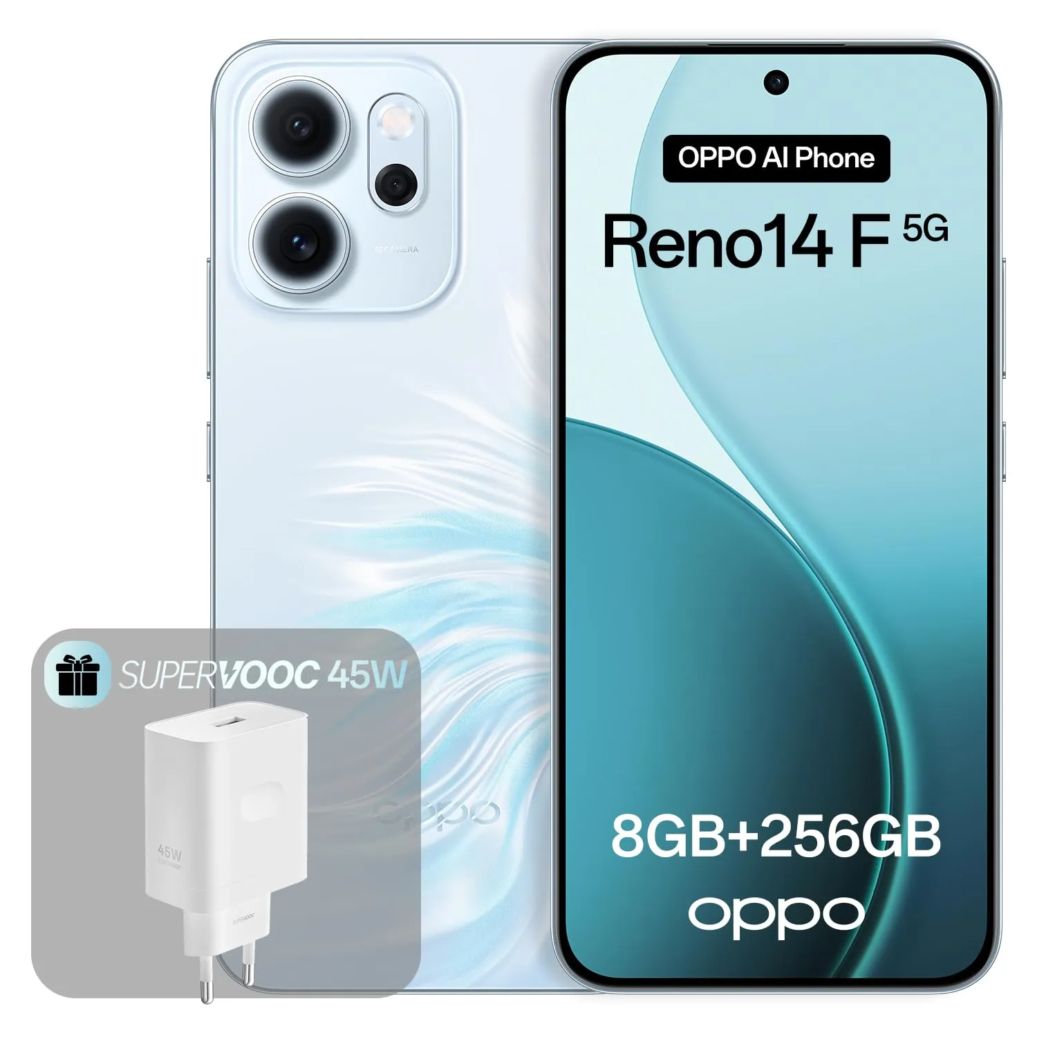 OPPO Reno14 F 5G Smartphone, 8+256 GB, batteria da 6000 mAh, ricarica rapida SUPERVOOC da 45 W, AI Flash Livephoto, Opal blue(caricabatterie incluso)
