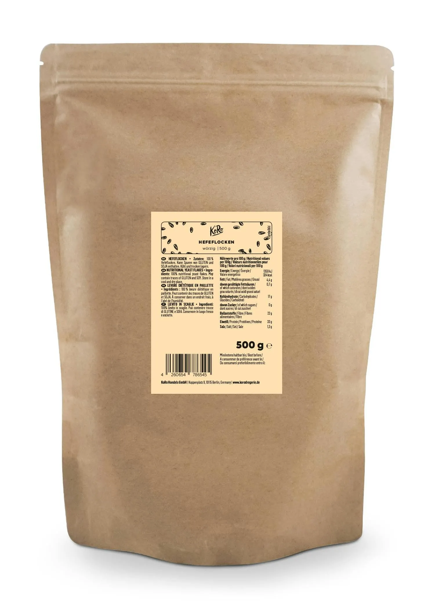 KoRo - Lievito alimentare in scaglie 500 g - fiocchi di lievito nutrizionale di melassa grattugiato, ricco di vitamina b12, ideale come formaggio vegano