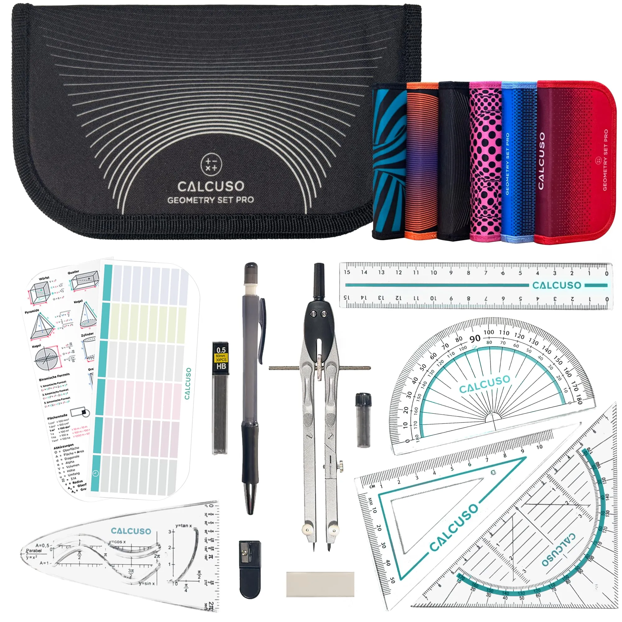 CALCUSO SET DI GEOMETRIA PRO in un astuccio nero con compasso e goniometro - Astuccio pratico per scuola, università, ufficio e disegni - Ideale come set di geometria per la scuola