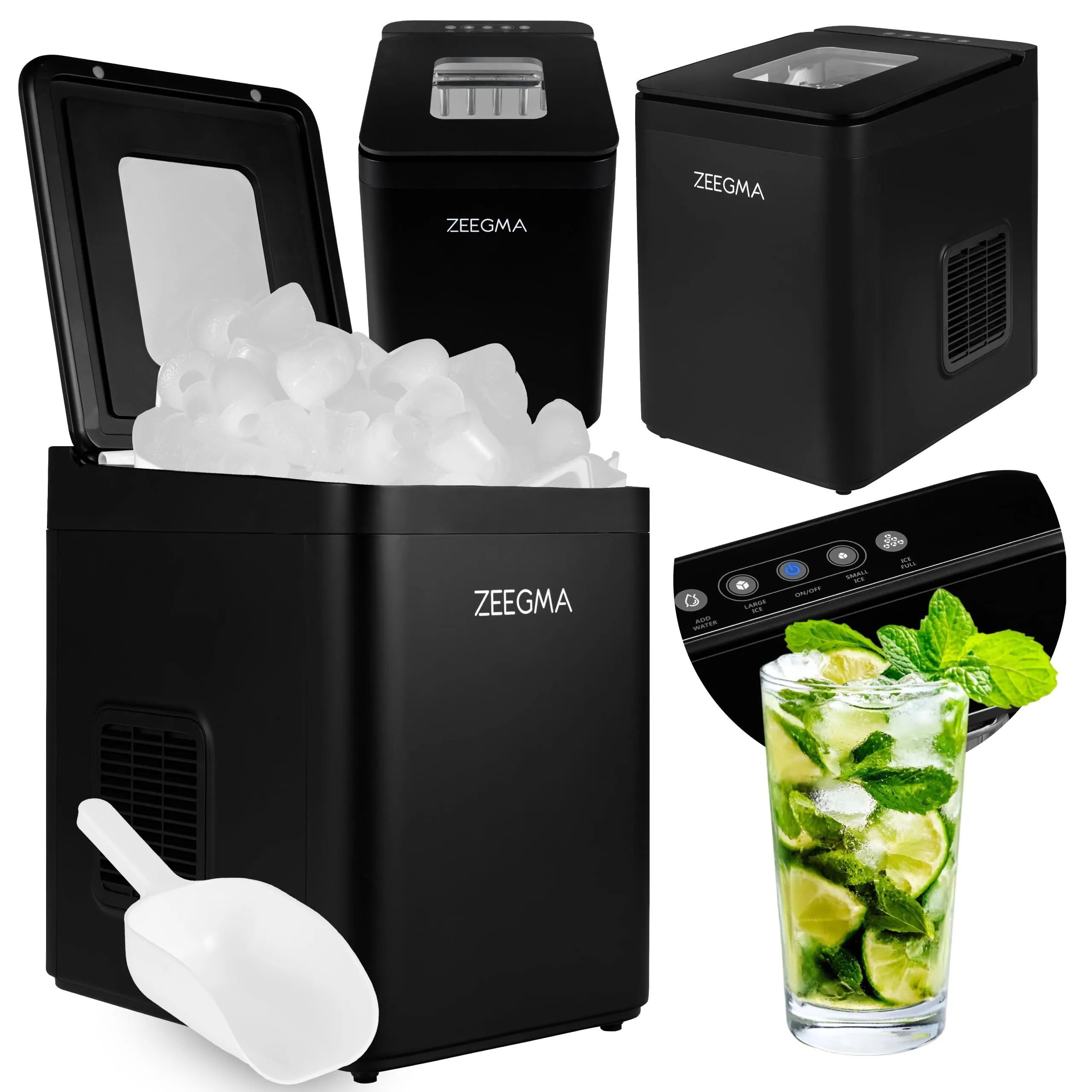 ZEEGMA Macchina Ghiaccio FROSTIQ 9 cubetti di ghiaccio in 6-9 min, 2 Formati Cubetti Ghiaccio, Capacità 1,5L, 12kg/24H di ghiaccio al giorno Efficienza Energetica 112W, Pannello Controllo, Cestello