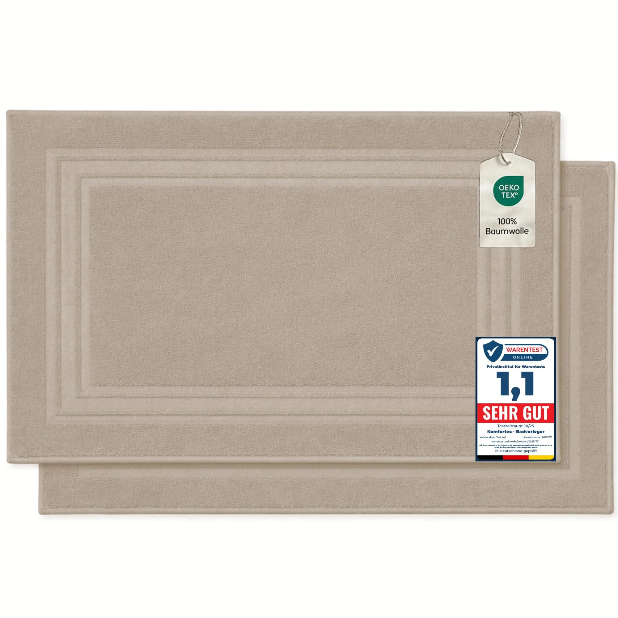Komfortec - Set di 2 Tappetini da Bagno, Tappetini in Spugna per Doccia, Lavabili, Assorbenti e a Rapida Asciugatura – 600 g/m², 100% Cotone, 50x70 cm, Beige