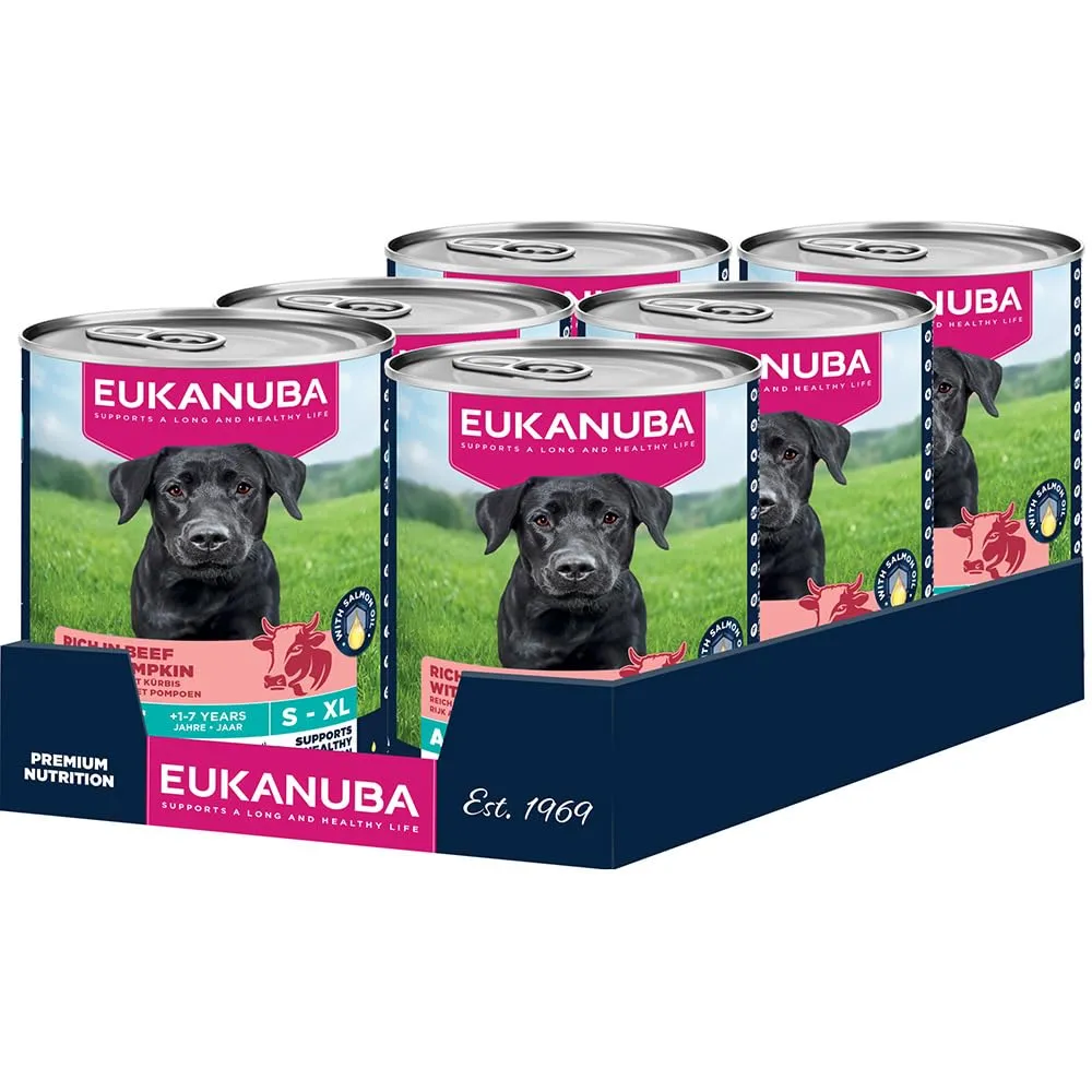 EUKANUBA Cibo umido per cani con manzo e zucca, Alimento umido premium senza cereali per cani adulti, 6 barattoli da 400 g