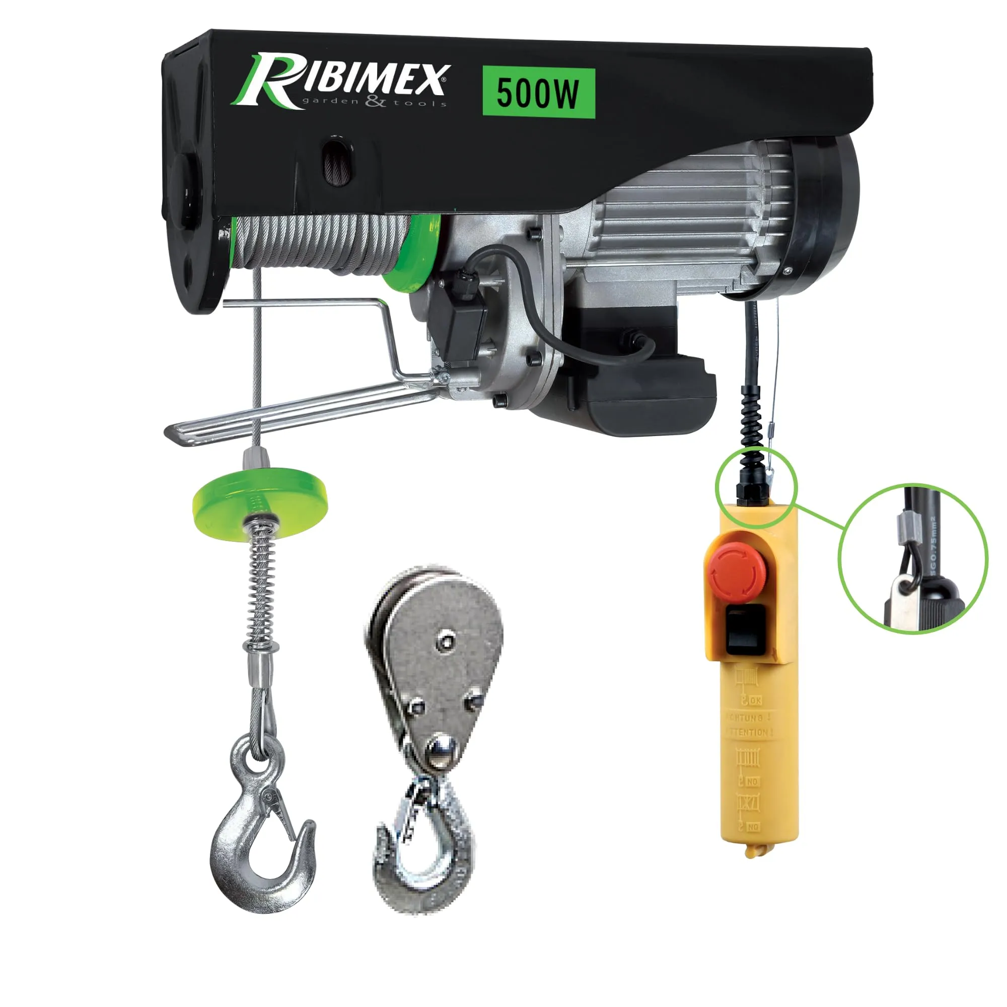 Ribimex Paranco Elettrico da 125/250 Kg con Puleggia, Motore Monofase da 500 W, Cavo in Acciaio di 18 m, Velocità di Sollevamento Fino a 8 m/min per Uso Domestico e Industriale - PE125/250C/1