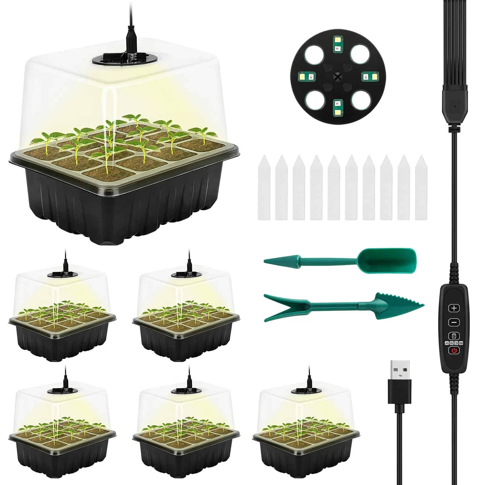 RIOGOO Confezione da 6 vassoi per semi con luce di coltivazione, kit di avviamento per semi temporizzati con luminositÃ e umiditÃ regolabili, kit di germinazione in serra (12x6,72 celle)