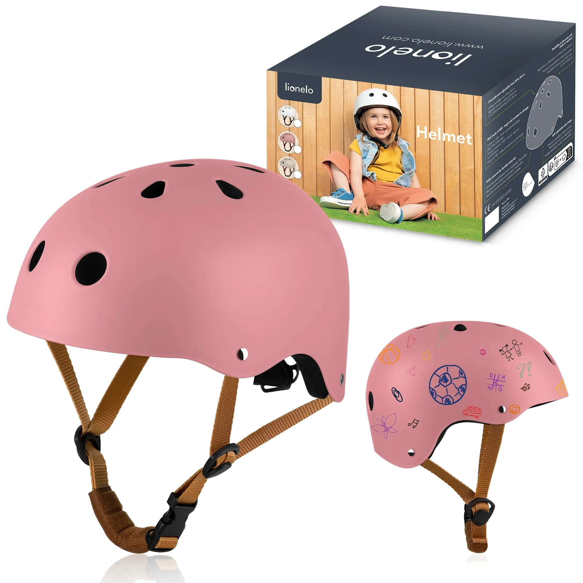 Lionelo HELMET Avventura creativa Casco Bici per Bambini Taglia S Regolabile 50-56 cm Ventilato Decorazione Personalizzabile, ABS & EPS Certificato Intertek Sicurezza e Stile per Piccoli Esploratori