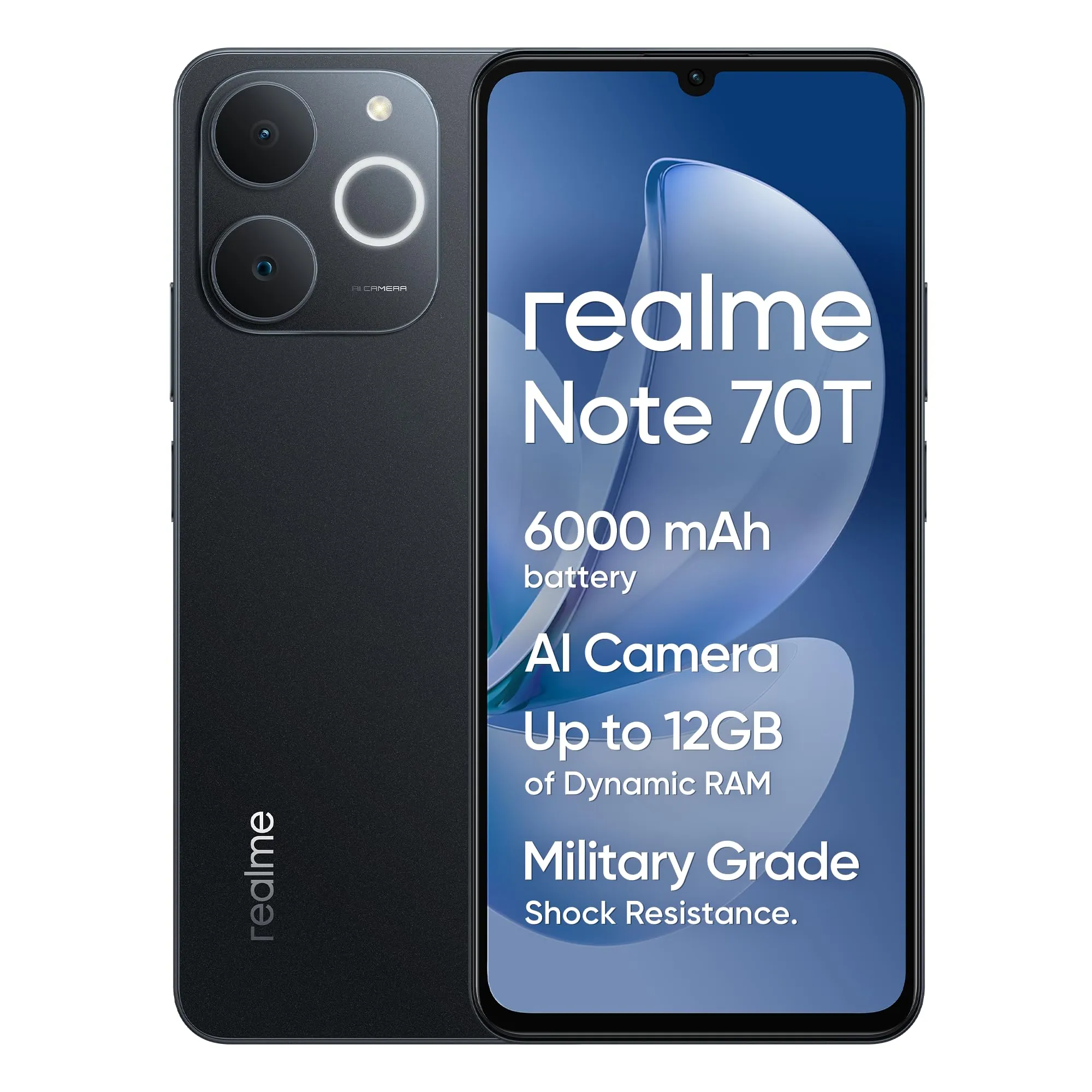 realme Note 70T Smartphone, 4+128GB, Batteria di lunga durata da 6.000 mAh, Protezione ArmorShell™, Spessore di soli 7,94 mm, Fino a 4+8 GB di RAM dinamica, NEXT AI, Caricabatterie non incluso, Nero