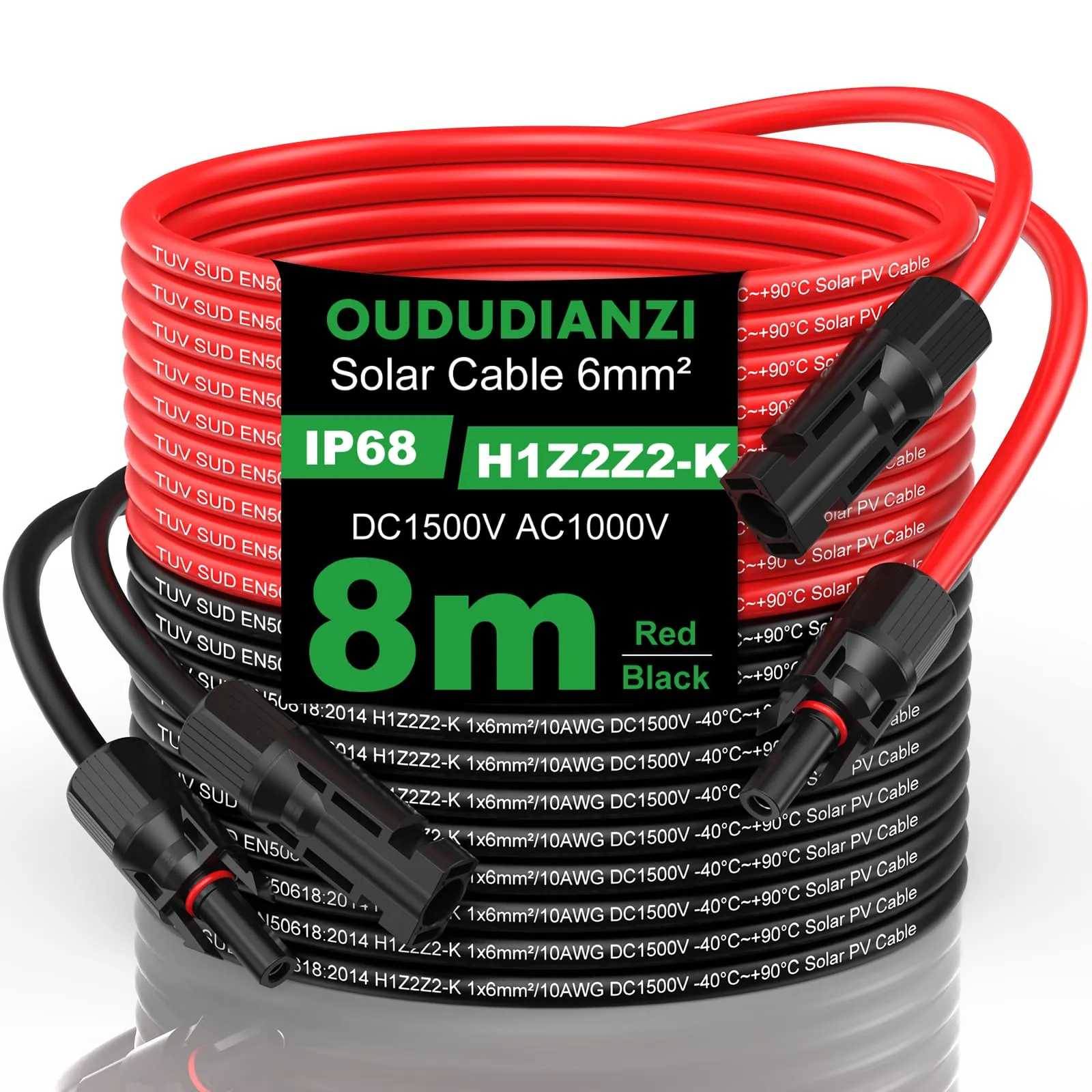 Oududianzi Cavo Solare 6mm²/4mm², Solare Pannello Cavo 1/2/3/5/8/10/15/20/30m, H1Z2Z2-K Cavo Fotovoltaico, Cavo di Prolunga Solare per Pannello Solare, Inverter e Regolatore di Carica (6mm² 8m)