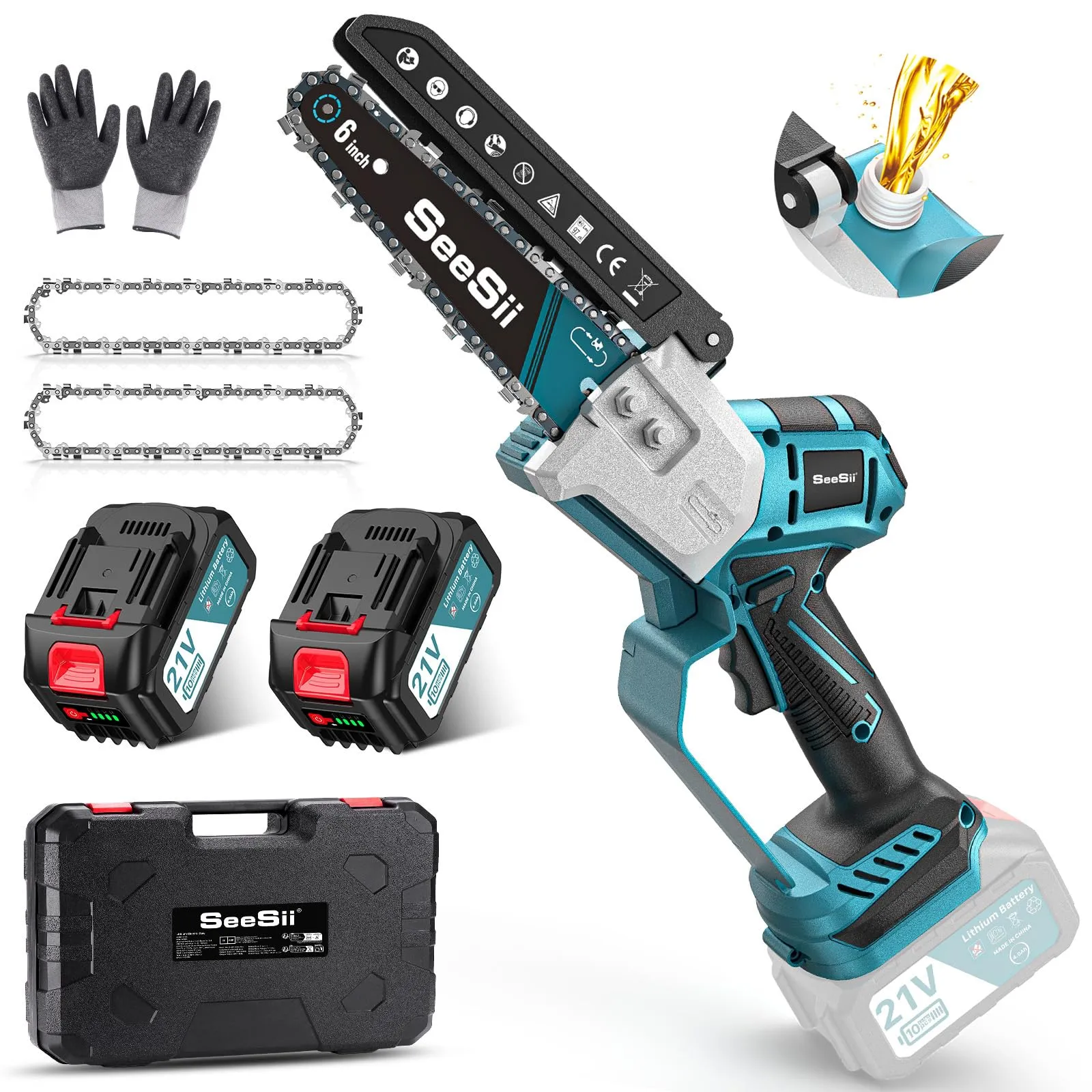 SEESII Motosega a Batteria 6 Pollici, Mini Motosega Senza Spazzole con 2 * 4000 mAh Batterie, Lubrificazione Automatica, Ideale per Esterno e Giardinaggio