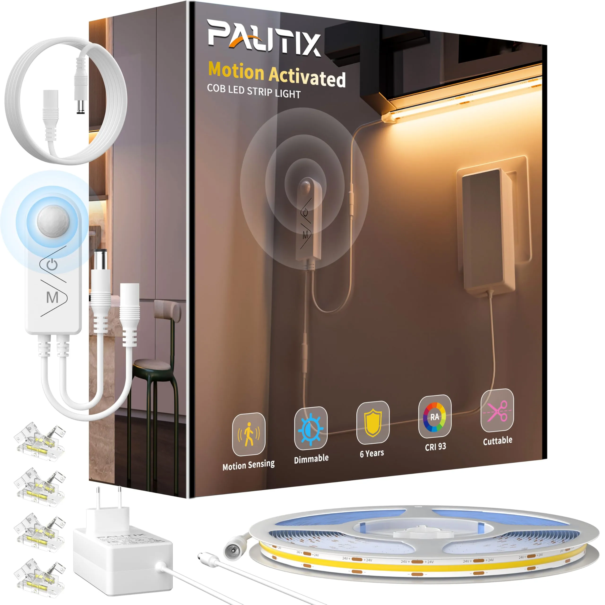 PAUTIX LED Striscia con Movimento Sensore,24V 5M COB LED Strip Motion Sensor Bianca Calda 2700K,Dimmabile Super Luminosa con Doppia illuminazione Modalità per Cucina,Scale,Camera da letto,Armadi