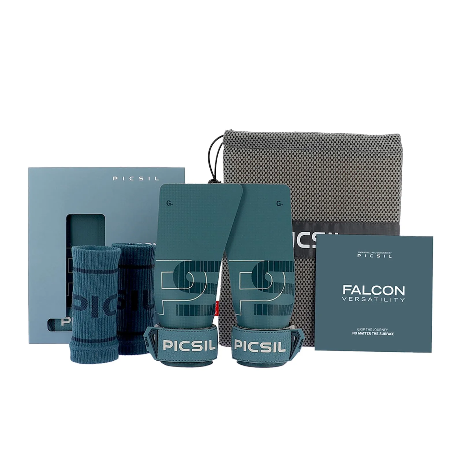 PICSIL - Paracalli Falcon, Grips Professionali in Fibra di Carbonio, Uso con Magnesio, con Astuccio e Polsini, Ideale per Cross Training, Calistenics, e Fitness (Aqua, G)
